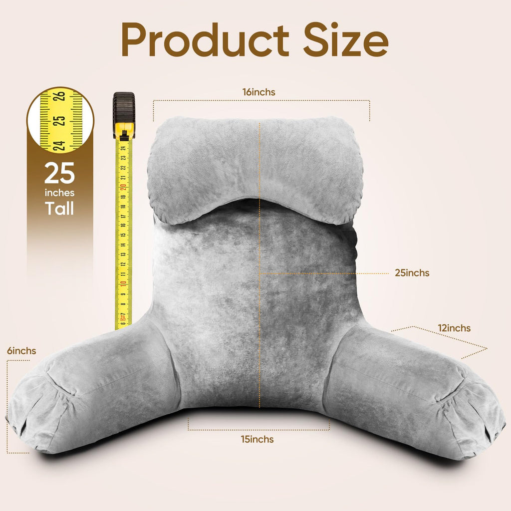 OAISZ Reading Pillow for Sitting in Bed Adult, Reading Pillow with Shredded Memory Foam, Bed Pillow with Washable Cover, Back Pillow Sitting Up with Extend Arms, Beige, X-Large