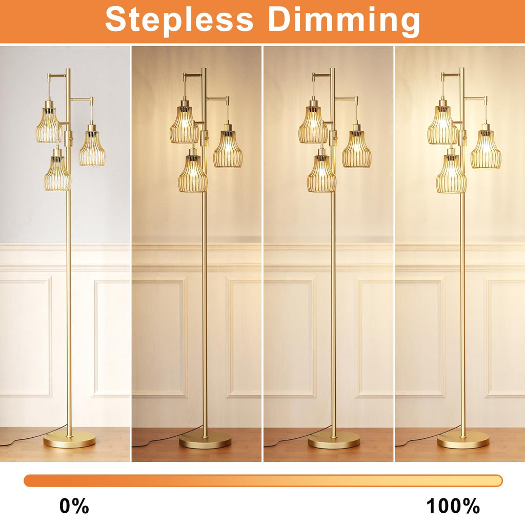 Ziisee Dimmable Floor Lamps for Living Room, Industrial Tree Standing Tall Lamps with 3 Elegant Cage Shade & 800 Lumens LED Bulbs for Bedroom Office - Brown