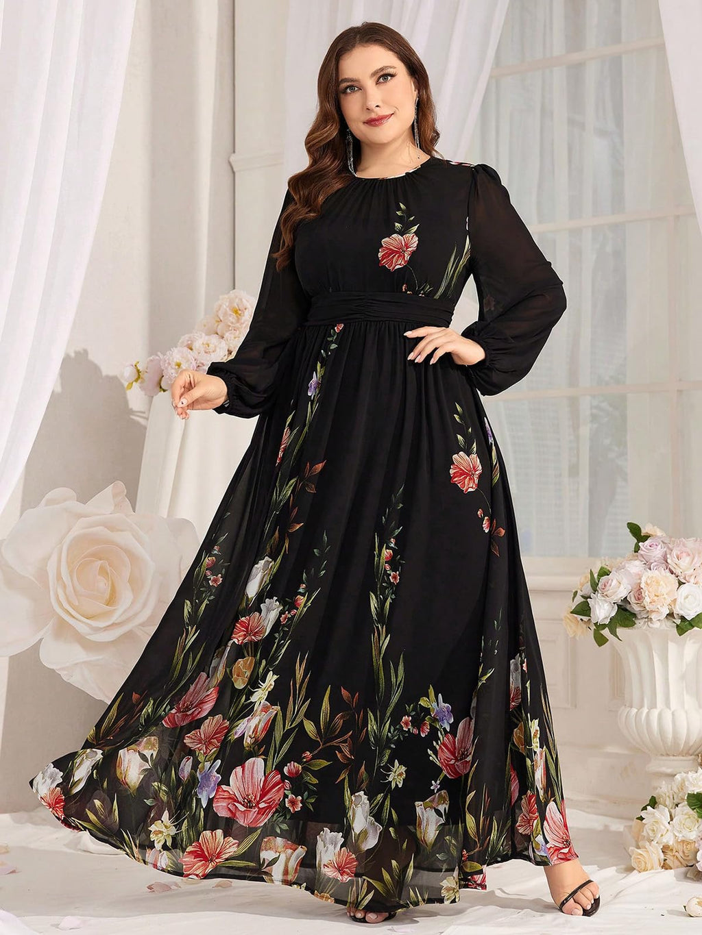 Spring Summer 2024 Plus Size Womens Dresses V Neck Casual Elegant Long Sleeve Floral Print Maxi Dress