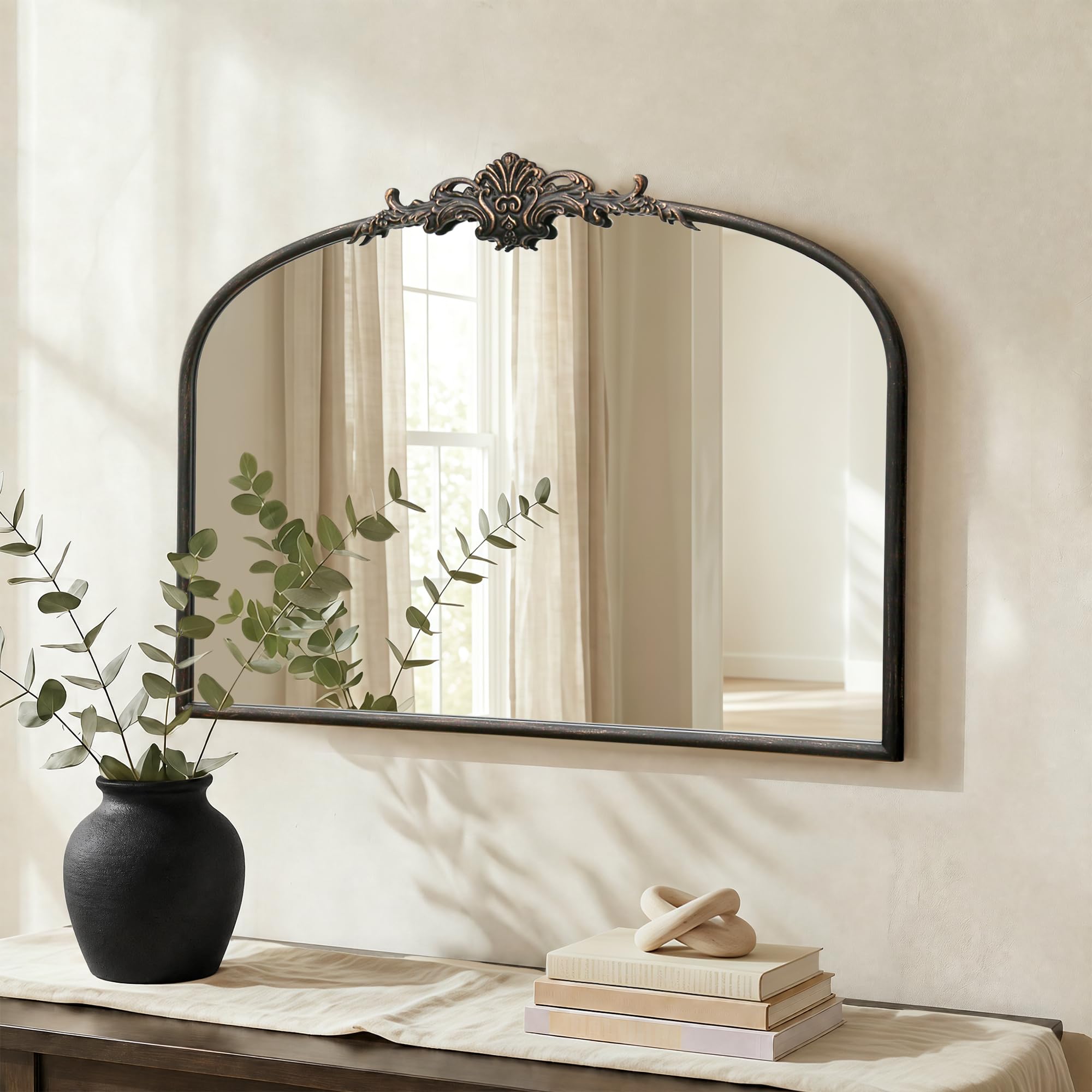 Besdomus Vintage Arched Black Mirror: 32"x24" French Large Black Vintage Wall Mirror - Baroque Traditional Ornate for Living Room/Fireplace/Bathroom- Ideal Gifts for Housewarming/Birthday