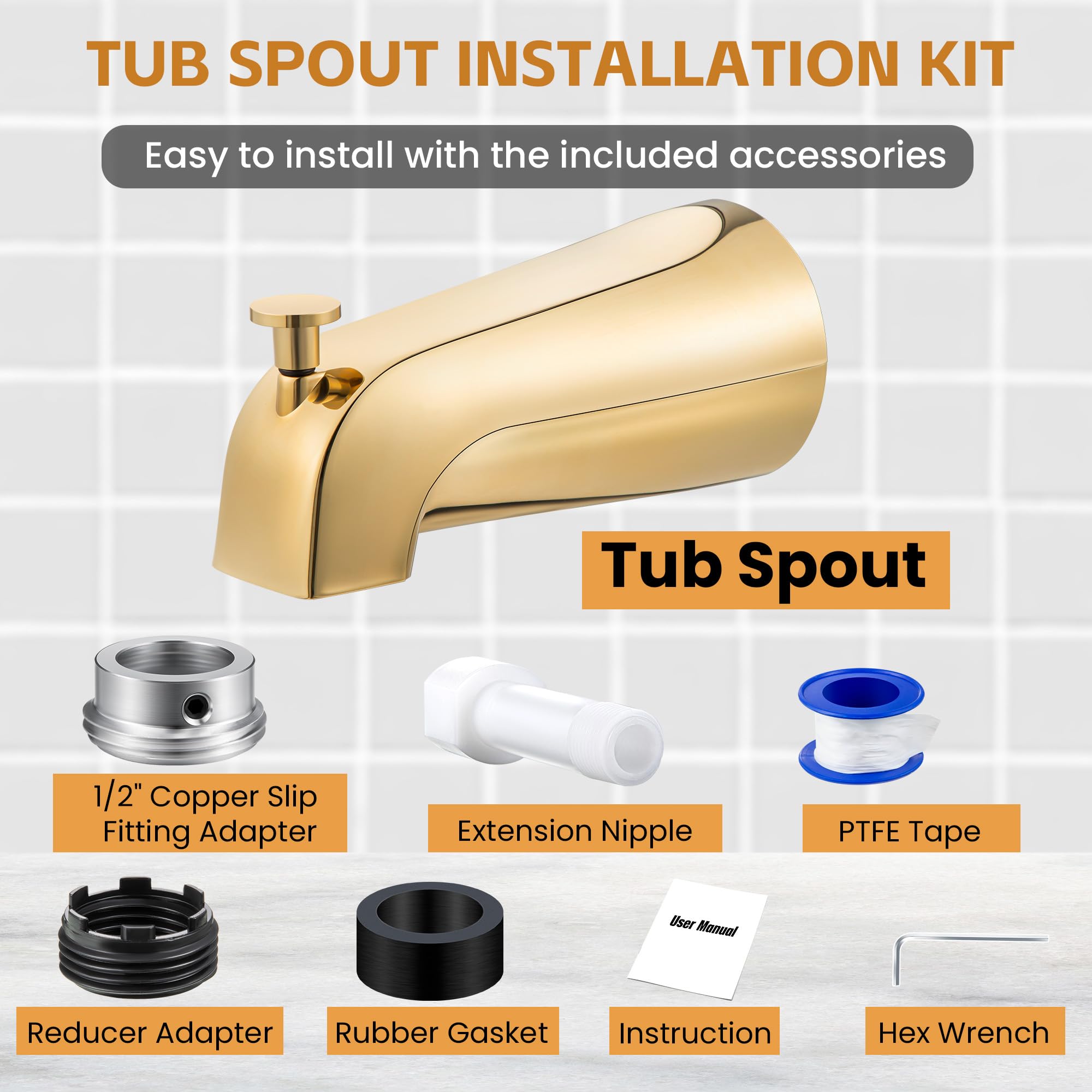 Dreyoo Tub Spout (Universal Fits 1/2" Copper Pipe, 1/2" IPS and 3/4" IPS), Bathroom Bathtub Faucet with Adapters and Hex Wrench(Brushed Nickel,Simple)