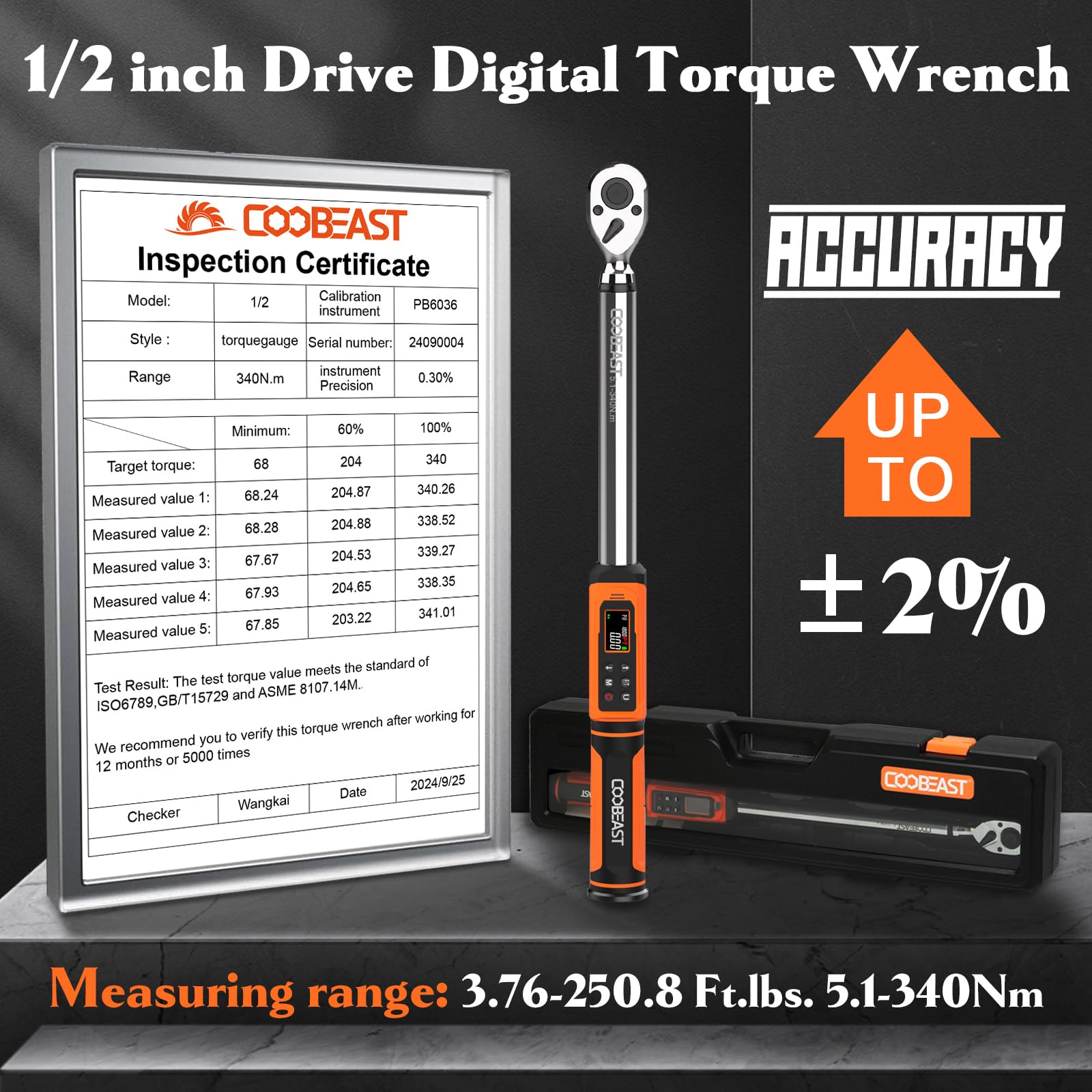 Digital Torque Wrench, 1/2 Drive Electronic Torque Screwdriver with Preset Value(3.76-250.8 Ft.lbs./5.1-340Nm), Buzzer and LED Flash Five Units of Measure Torque Wrench for Motorcycle, Auto Repair
