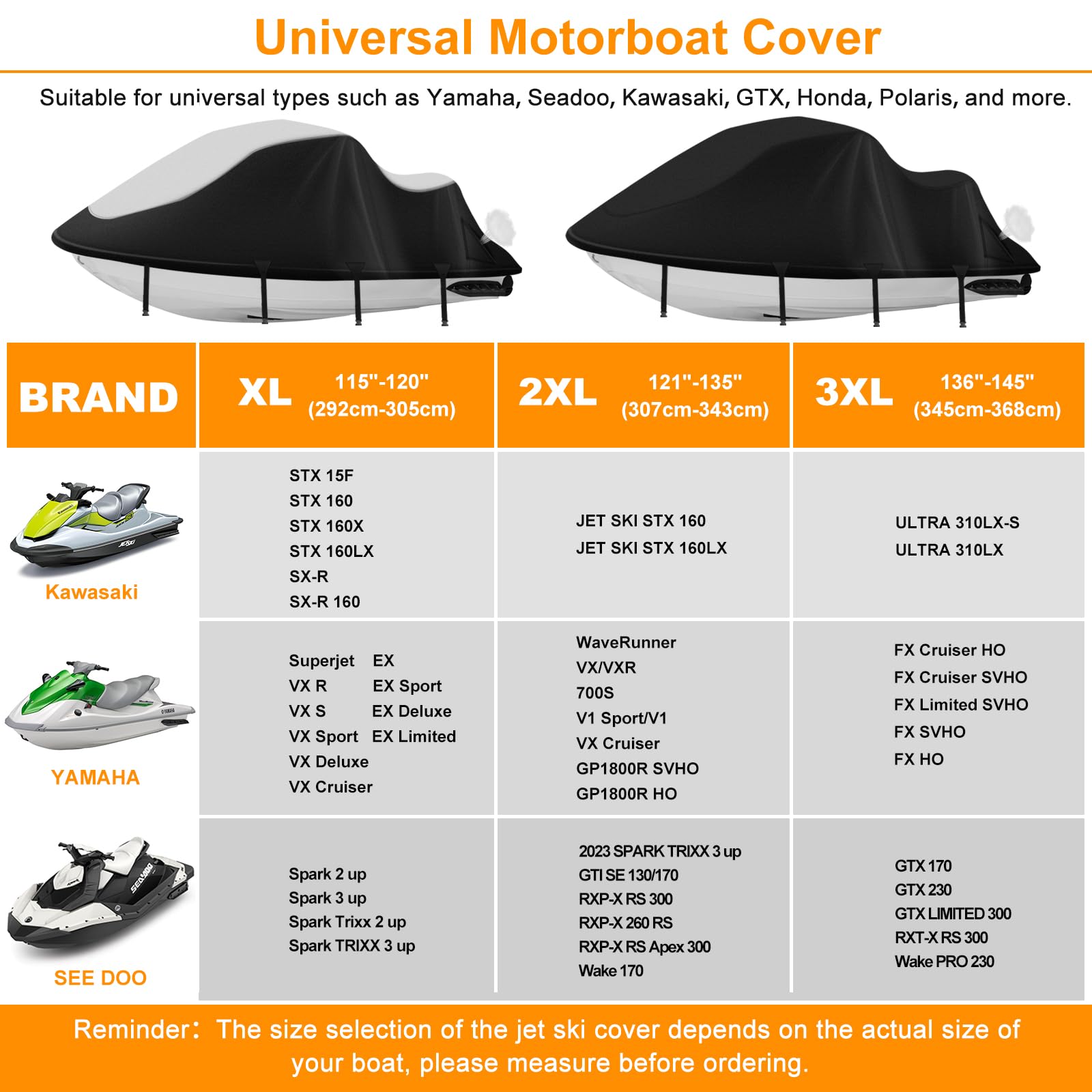 Jet Ski Cover,Heavy Duty 900D Oxford Jetski Cover 2 3 Seater with 2 Air Vents，4 Windproof Buckles，Easy On，Jetski Cover Waterproof for Seadoo Spark,Yamaha,All Weather Protection(Black, XL:115"-120")
