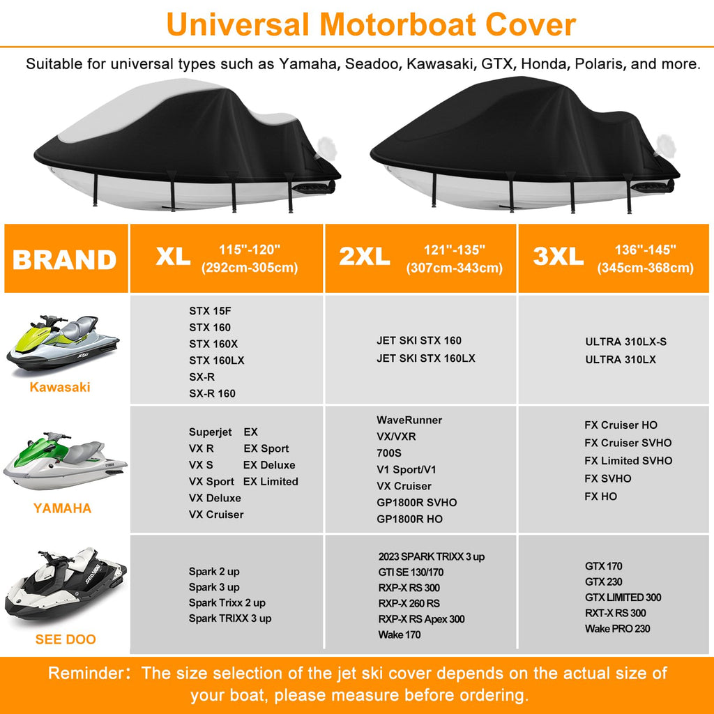 Jet Ski Cover,Heavy Duty 900D Oxford Jetski Cover 2 3 Seater with 2 Air Vents，4 Windproof Buckles，Easy On，Jetski Cover Waterproof for Seadoo Spark,Yamaha,All Weather Protection(Black, XL:115"-120")