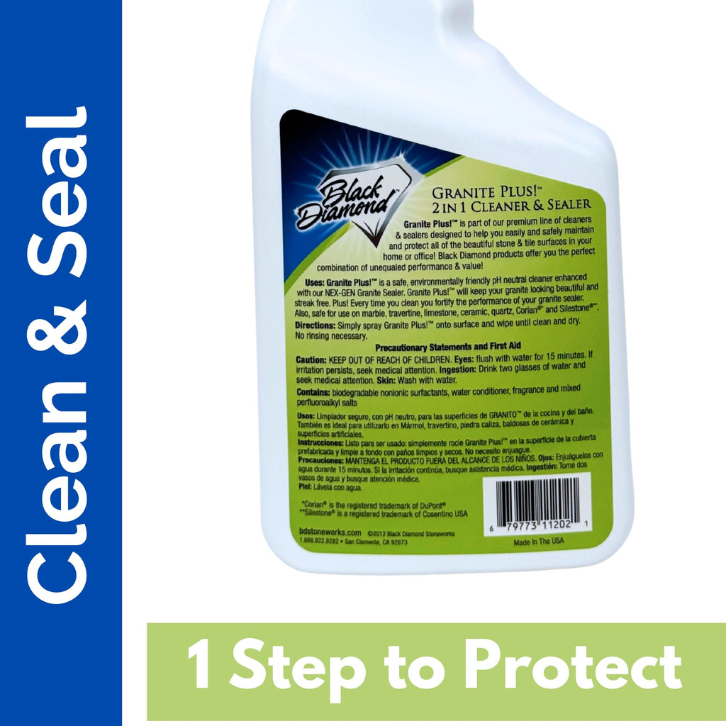 Black Diamond Stoneworks Granite Plus 2-in-1 Cleaner & Sealer, pH Neutral, Streak-Free Stone Cleaner for Granite, Marble, Quartz, Travertine & Limestone Countertops, Ready to Use, 32 Fl Oz