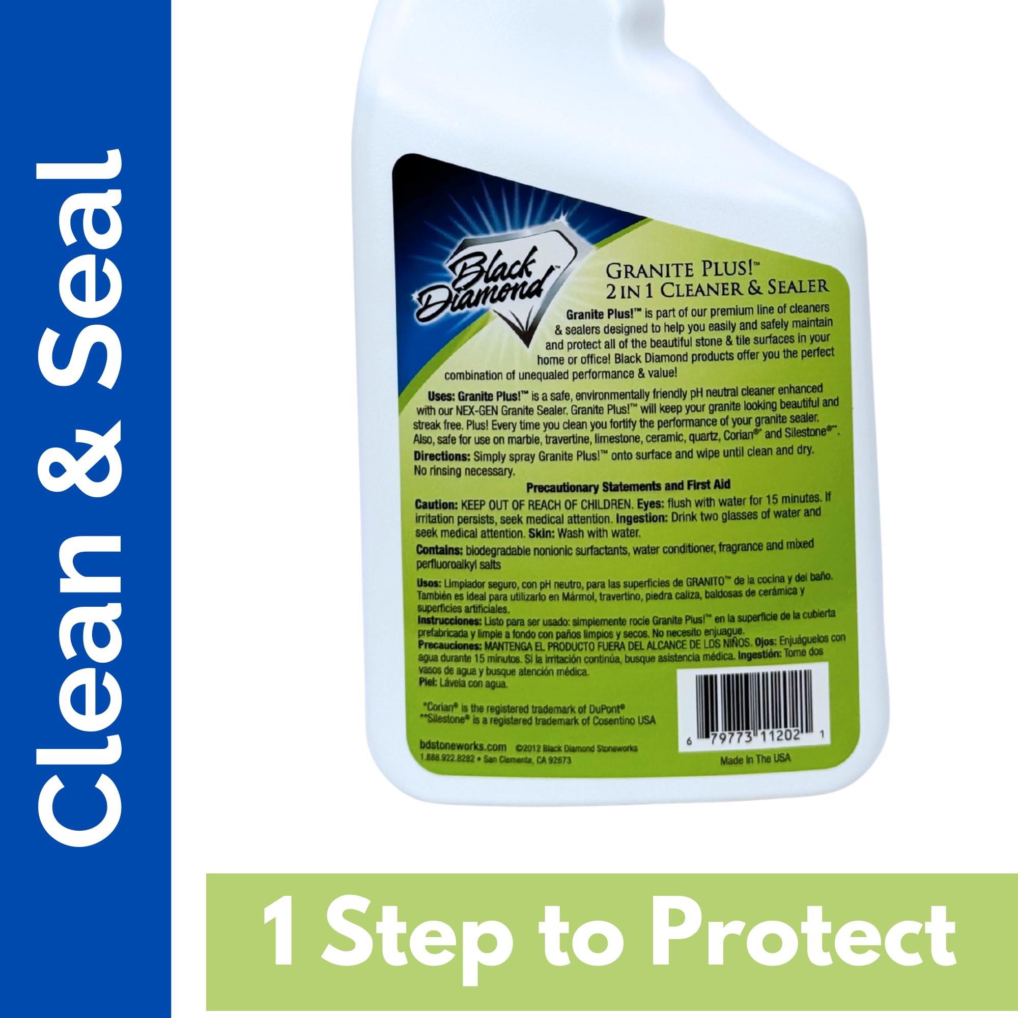 Black Diamond Stoneworks Granite Plus 2-in-1 Cleaner & Sealer, pH Neutral, Streak-Free Stone Cleaner for Granite, Marble, Quartz, Travertine & Limestone Countertops, Ready to Use, 32 Fl Oz