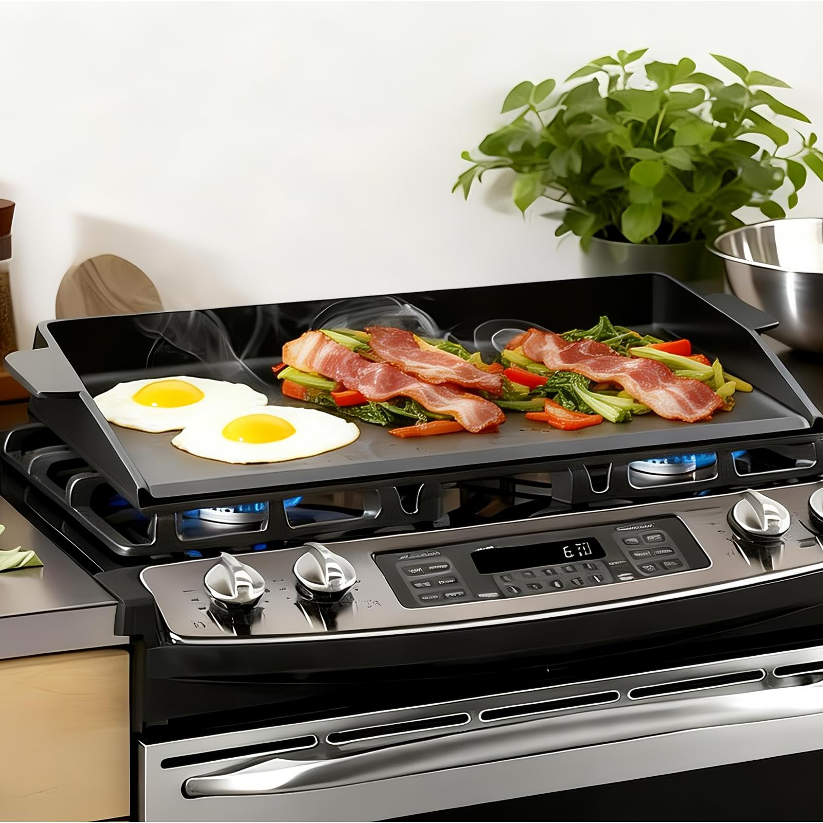 Carbon Steel Griddle for Gas Grill, Double Burner Griddle Compatible with Induction, Stove Top, Electric, Oven - 17" x 10" Professional Cookware for Cooktop, NonStick Griddle Pan