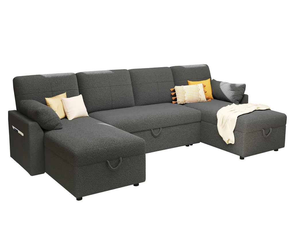 PaPaJet Sofa Bed, Sleeper Sofa with Storage Chaise, L Shaped Sofa with Pull Out Bed, Oversized Sofas for Living Room, Beige