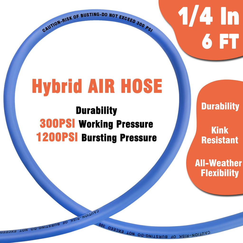 Air Compressor Hose 1/2 in, 300 PSI Heavy Duty Hybrid Air Hose with Quick Coupler and Plug Kit, Lightweight, Kink Resistant, All Weather Flexibility with Bend Restrictors, 6 Feet