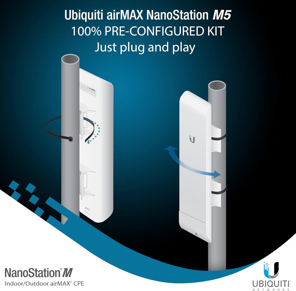 Wireless Bridge Ubiquiti NanoStation M5 PRE-CONFIGURED Bundle of 2 Ubiquiti airMAX NSM5-US, Point to Point Outdoor WiFi Bridge, Plugh and Play, 5GHz, 150+Mbps, 15+km Link Range, Network WiFi Bridge.
