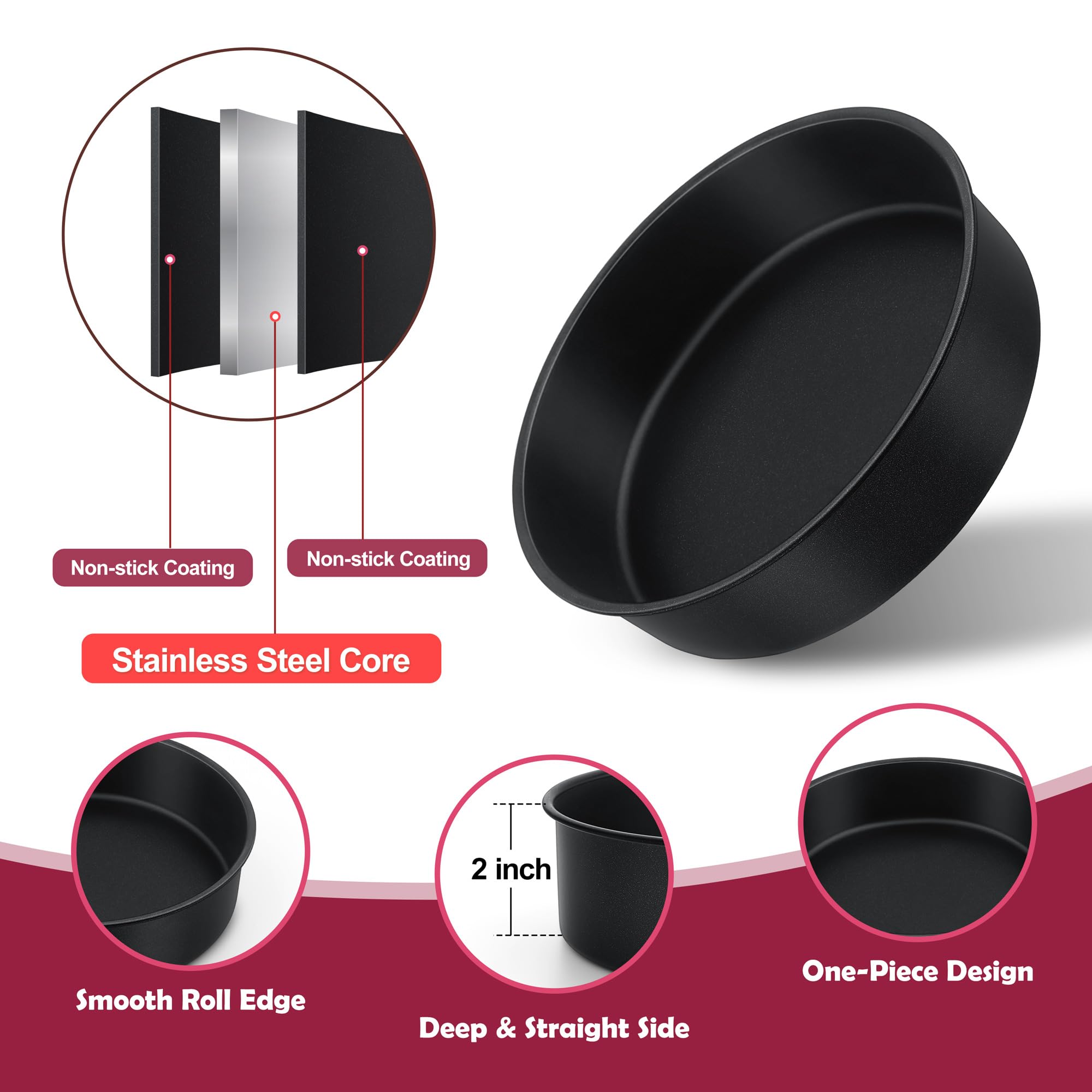 E-far 4 Inch Cake Pan Set of 3, Nonstick Stainless Steel Mini Round Cake Pans Tin, Small Size for Baking Smash Cakes/Cheesecake, Stainless Steel Core & Non-toxic Coating, Straight Side & 2 Inch Deep