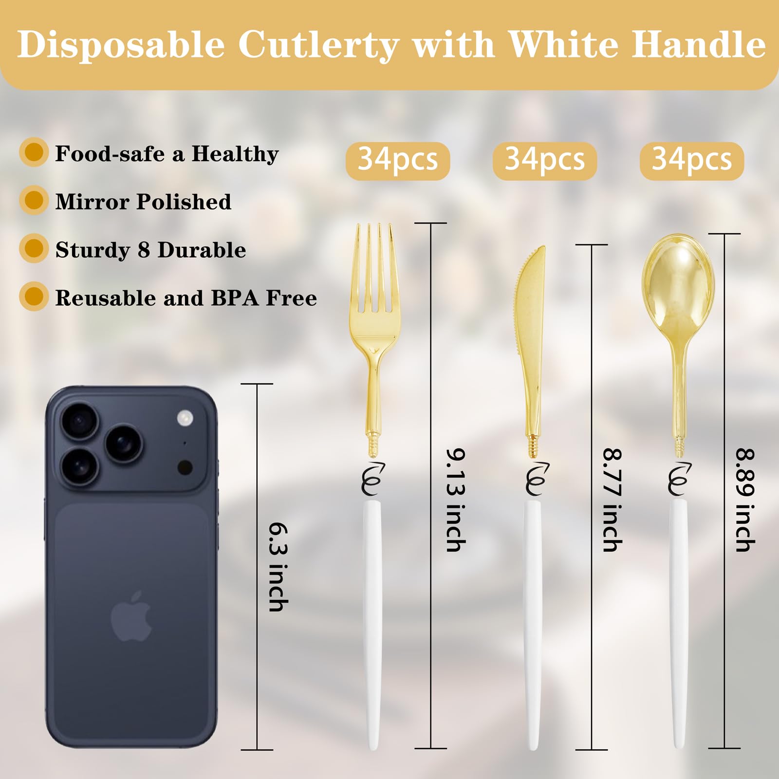 Supernal 102 Pcs Black and Gold Plastic Silverware Set,Heavy Duty Gold Disposable Cutlery for 34 Guests (34 Forks,34 Spoons,34 Knives),Elegant Plastic Flatware for Weddings,Parties & Upscale Events