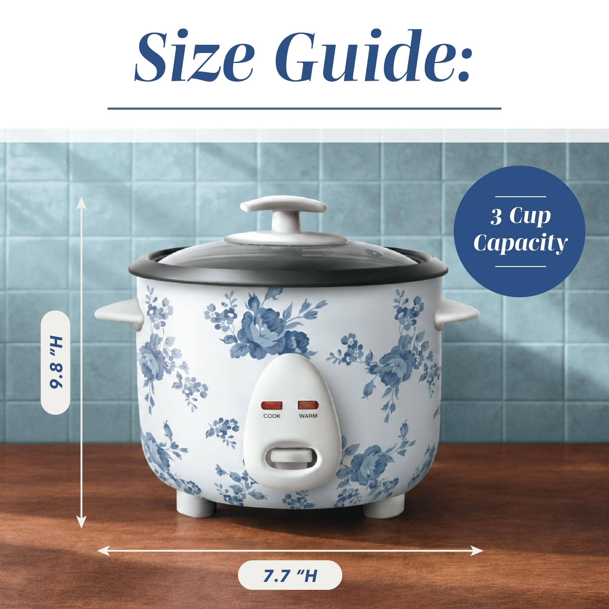 COOK WITH COLOR 6 Cup Rice Cooker 300W - Effortless Cooking and Perfectly, Cooks 3 Cups of Raw Rice for 6 Cups of Cooked Rice, Floral Blue
