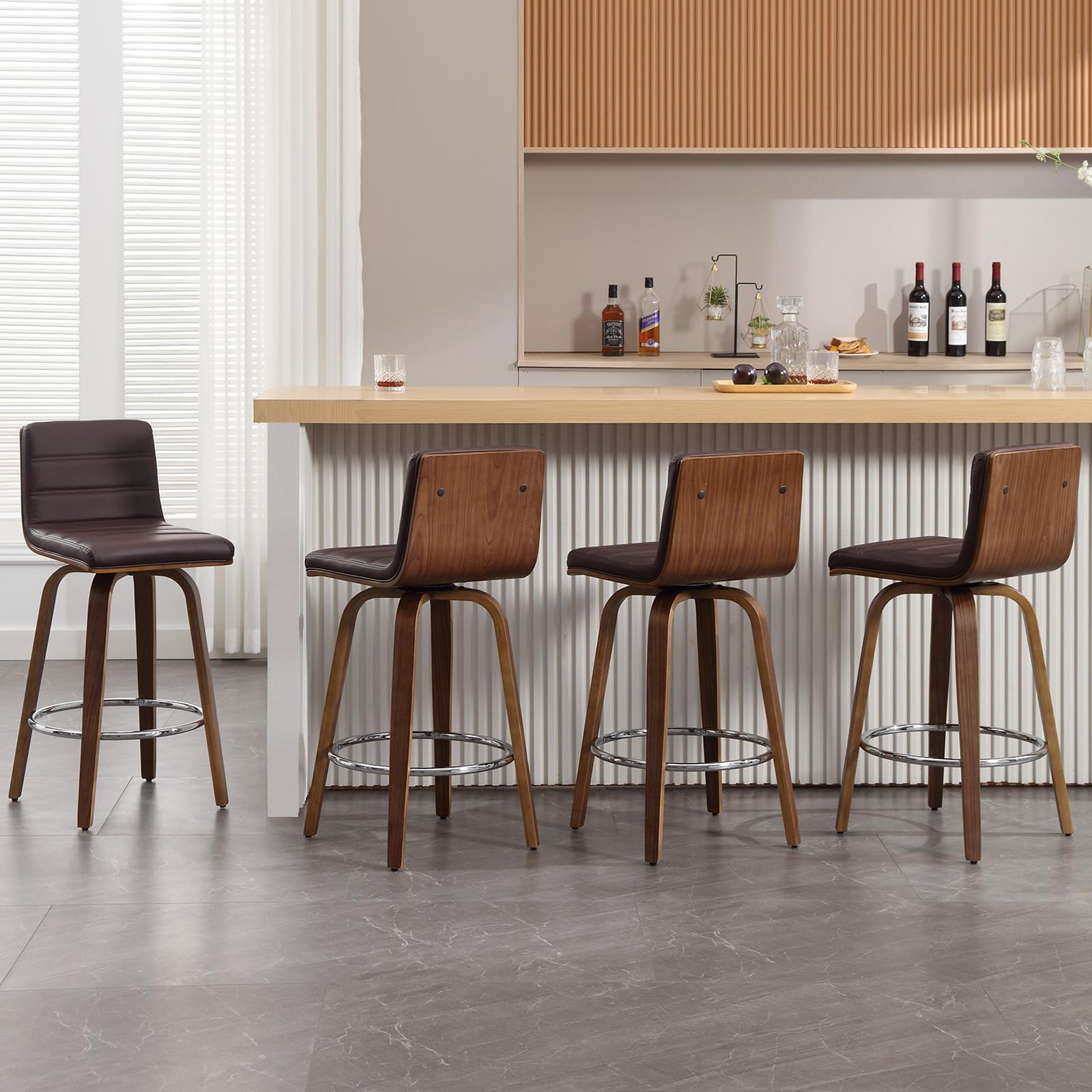 Bar Stools 29 Inch Bar Height, Swivel Bar Stools with Backs Upholstered PU Leather Barstool, L Shape Back and Padded Seat, Mid-Century Modern Bar Stool Pub Chairs for Kitchen Counter Island, Black