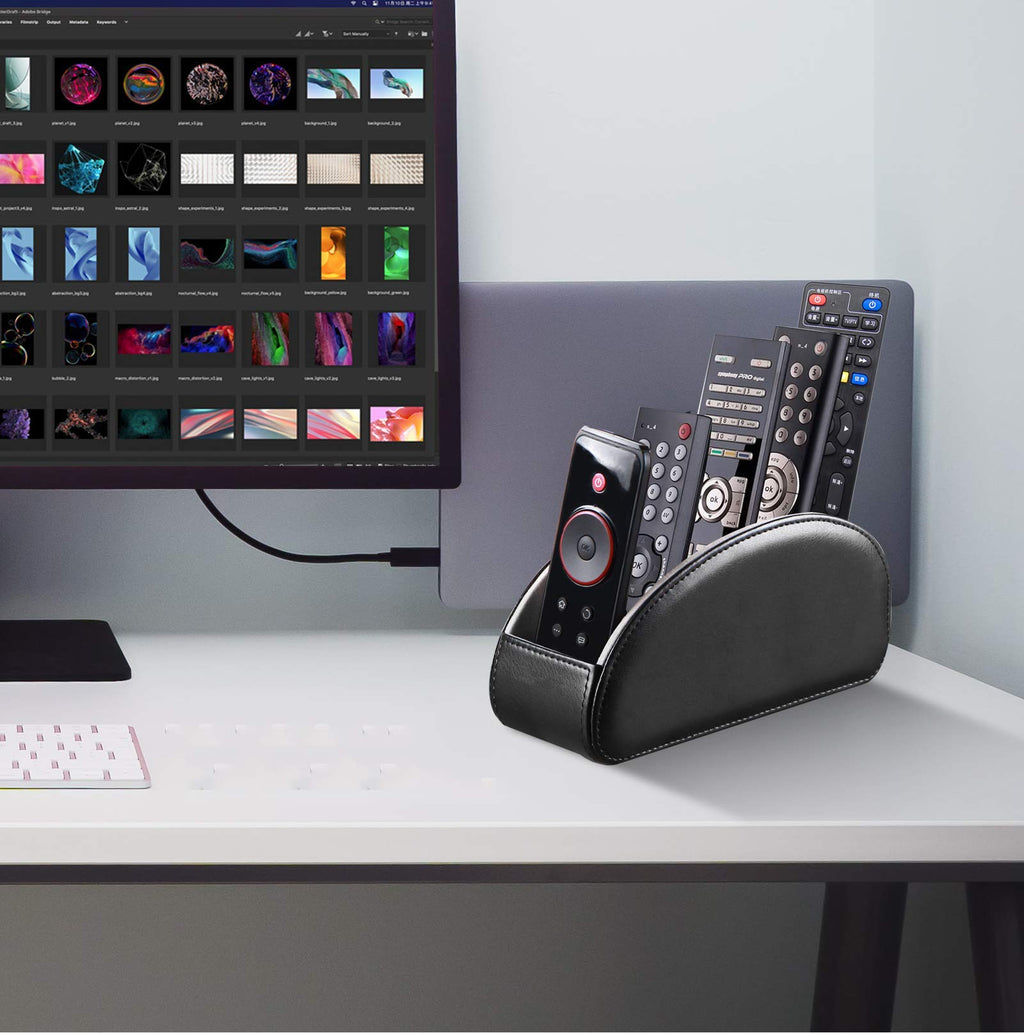 YAPISHI All-in-One Leather Brown TV Remote Holder with 5 Compartments Nightstand Desktop Media Player Remote Caddy Storage Box Organizer Tray for Mobile Office Phone Controller
