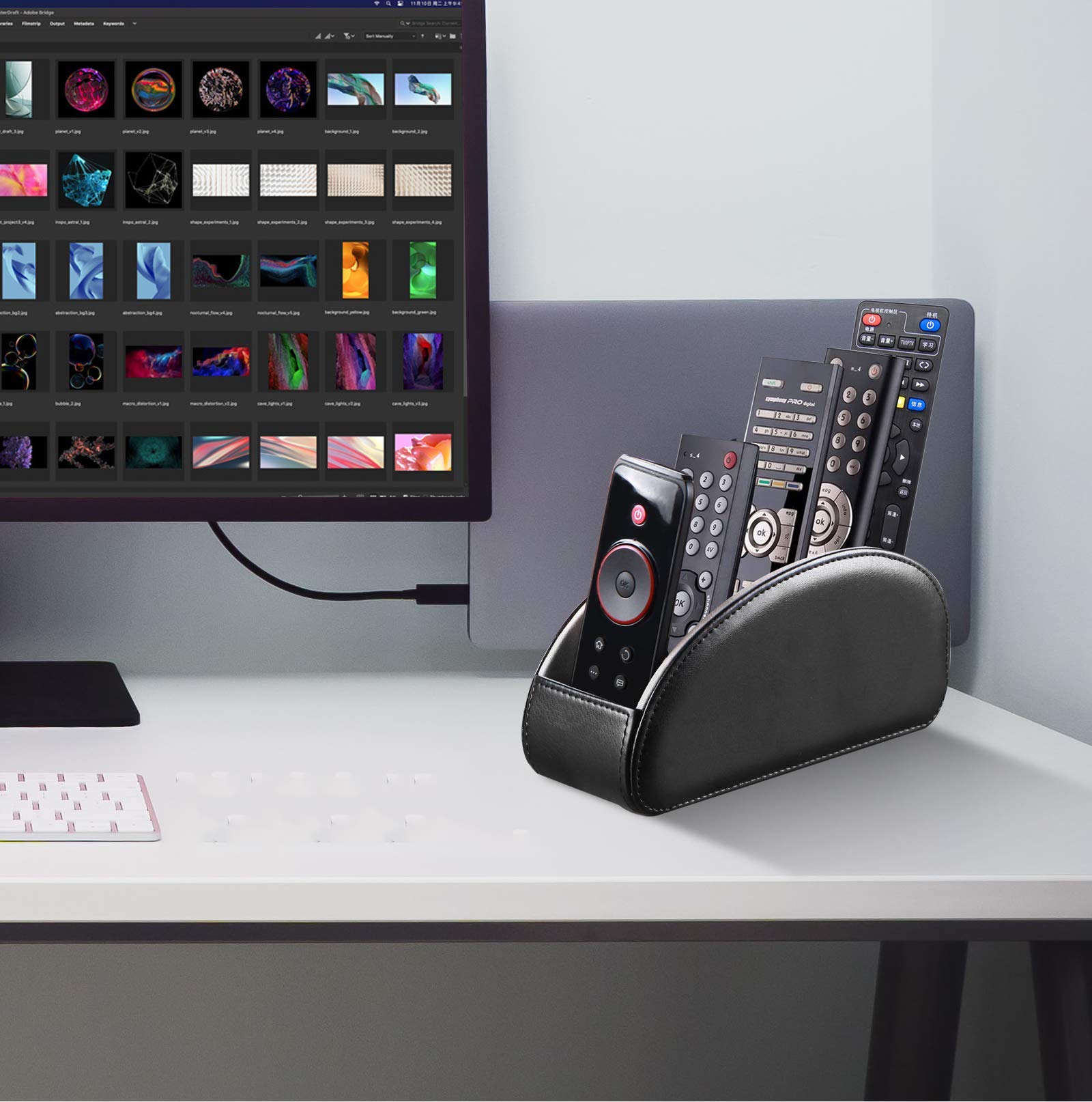 YAPISHI All-in-One Leather Brown TV Remote Holder with 5 Compartments Nightstand Desktop Media Player Remote Caddy Storage Box Organizer Tray for Mobile Office Phone Controller