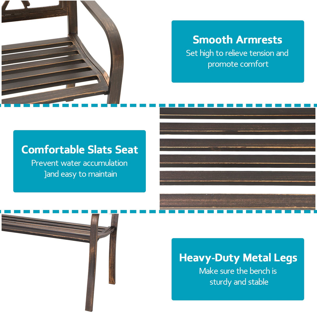 MFSTUDIO 50 Inches Outdoor Garden Bench, Cast Iron Metal Frame Patio Park Bench with Floral Pattern Backrest, Arch Legs for Porch Lawn Garden Yard(Black)