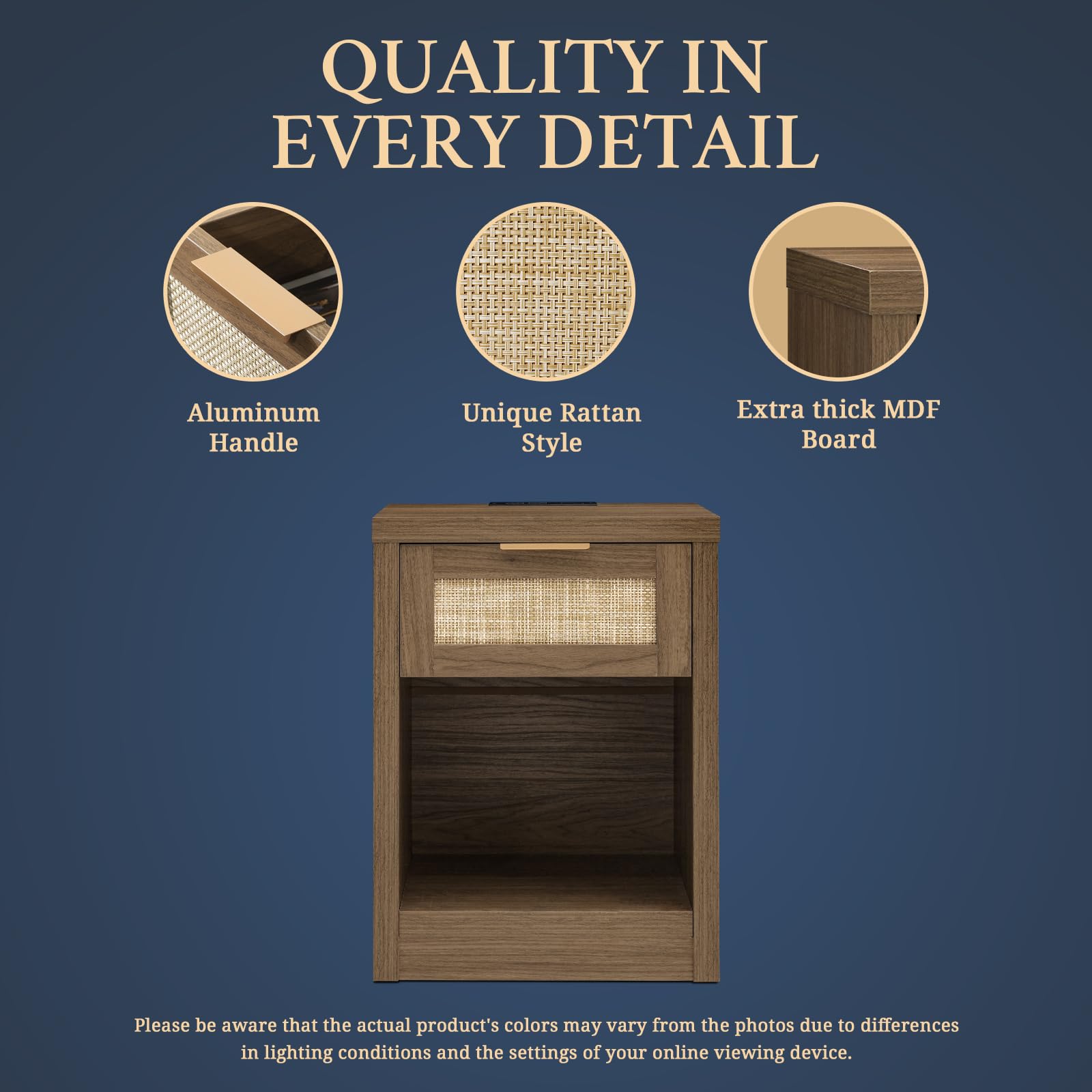 OAKHAM HOME Nightstand Set of 2 Farmhouse Bedside Tables with Drawer and Storage Shelf Modern Boho End Side Tables for Bedroom Sofa, Light Oak