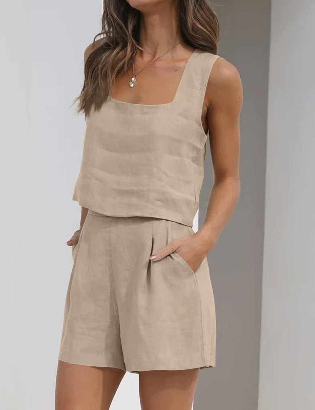 Womens Linen 2 Piece Outfits Lounge Sets sleeveless Tank Tops and High Waist Shorts Summer Vacation Set