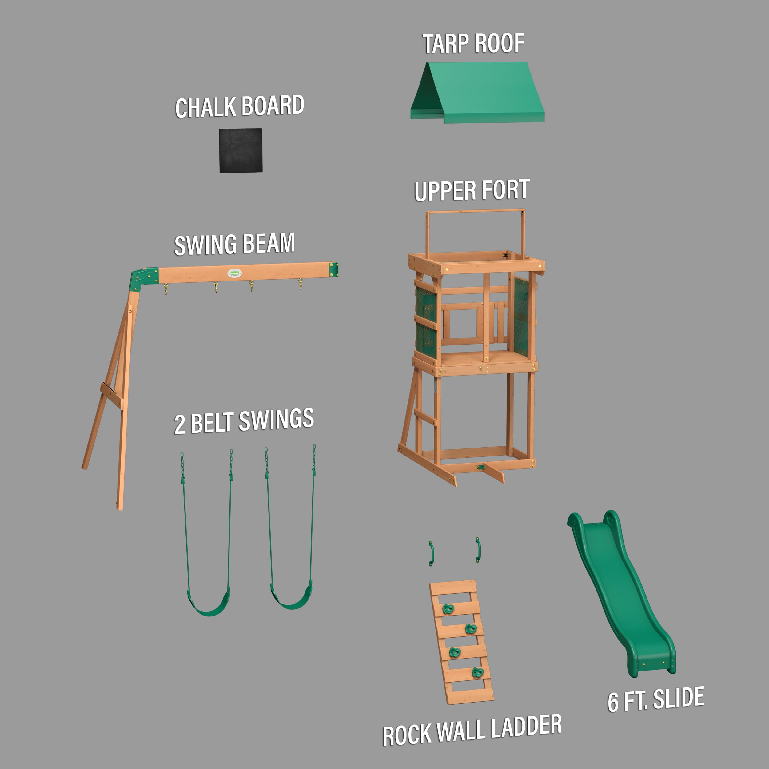 Backyard Discovery Bay Pointe Cedar Wood Swing Set with Wave Slide, Play Deck, Rock Wall Ladder, Belt Swings, Chalkboard, Canopy Roof, Outdoor Playset