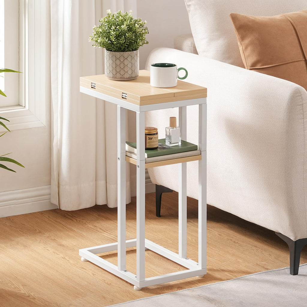 HOOBRO Foldable C Shaped End Table, C Shaped Side Table with Storage Shelf, Small Snack Table, Slide Under Couch Table for Sofa, Living Room Bedroom Small Spaces Easy Assembly, Black BK29SF01