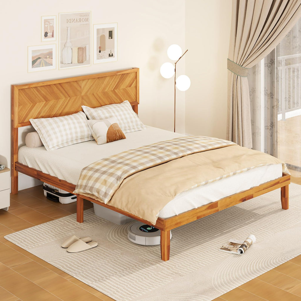 Giantex Wood Twin Bed Frames with Headboard, Solid Acacia Wood Platform Bed with 12 Strong Wooden Slat Support, Scandinavian Style Art Deco Twin Size Bed Frame, No Box Spring Needed, Rustic Brown