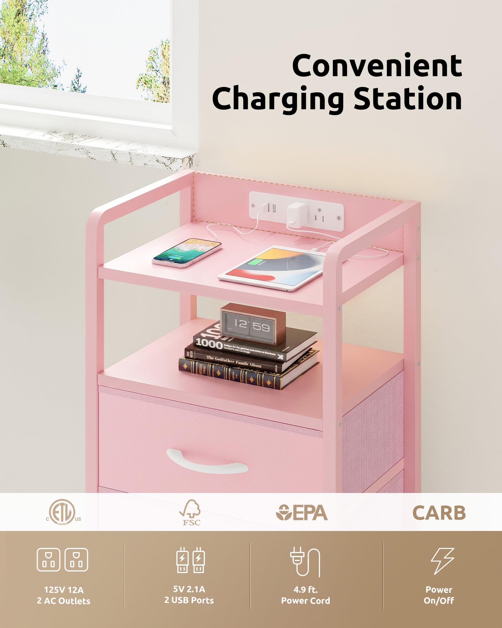 Lazzanto Night Stand Bedside Charger Bedroom - Nightstand with Charging Station & LED Light Strip, Night Stand with Storage Shelf & 2 Fabric Drawers, Morden End Table with U-S-B Ports & AC Outlets