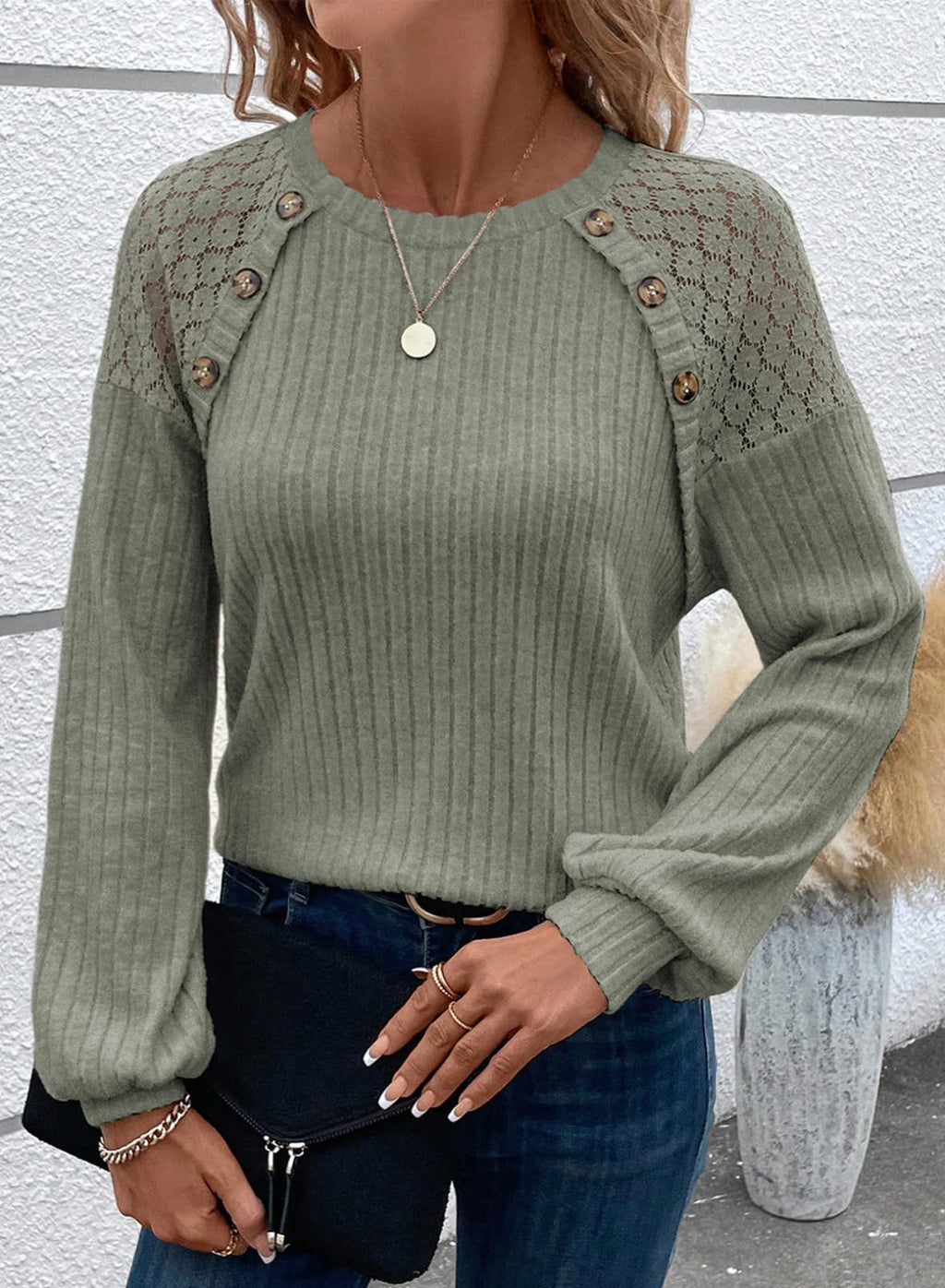 Acelitt Womens Fall Long Sleeve Tunic Tops Casual Crew Neck Dressy Shirt Lace Patchwork Blouses Pullover Sweaters