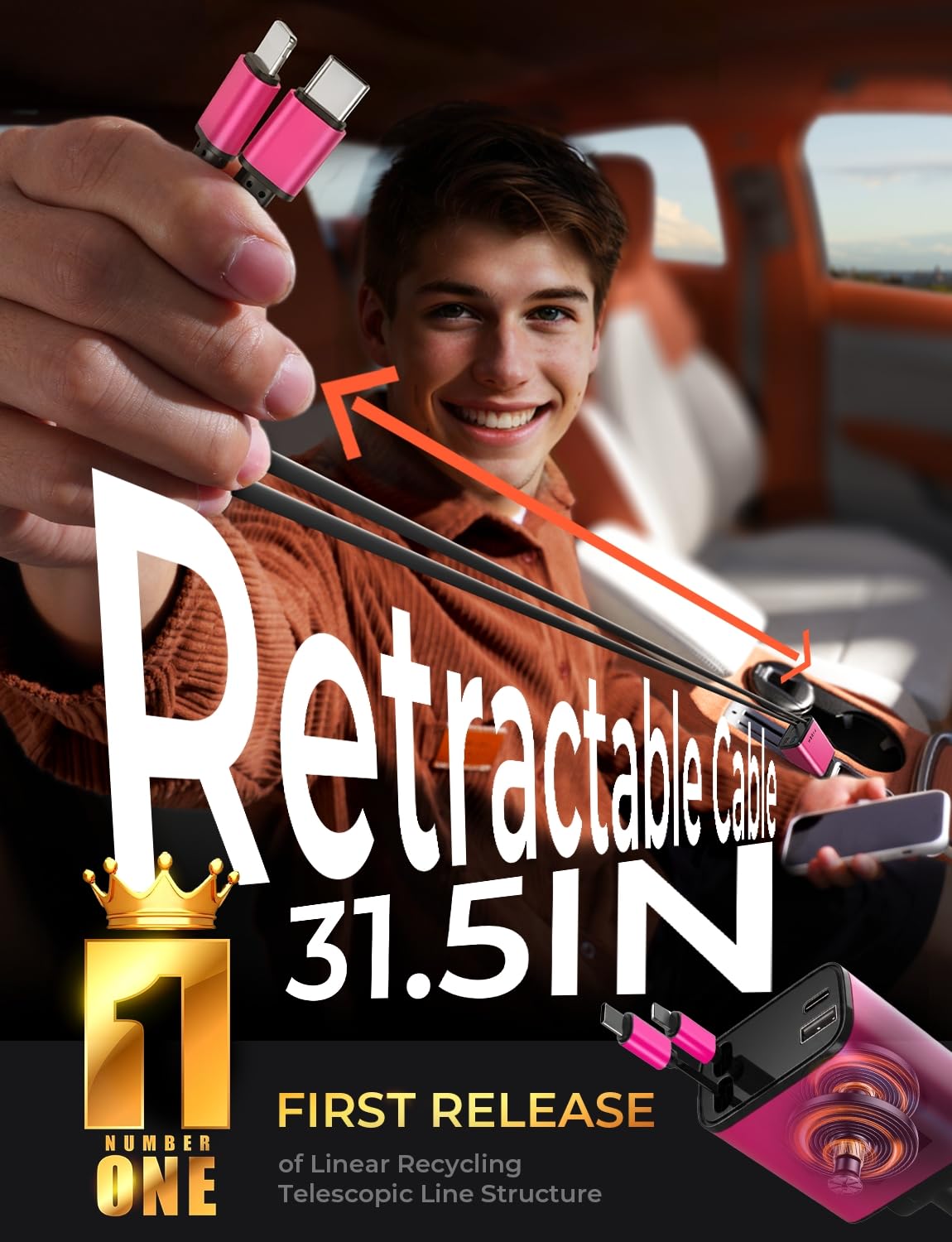 LISEN Retractable Car Charger, 84W Car Charger USB C Fast Charger Adapter for iPhone, Car Accessories for Men Women, Birthday Gifts for Fathers Day for Men Dad Husband, for iPhone 17 16 15 14 13 12 11