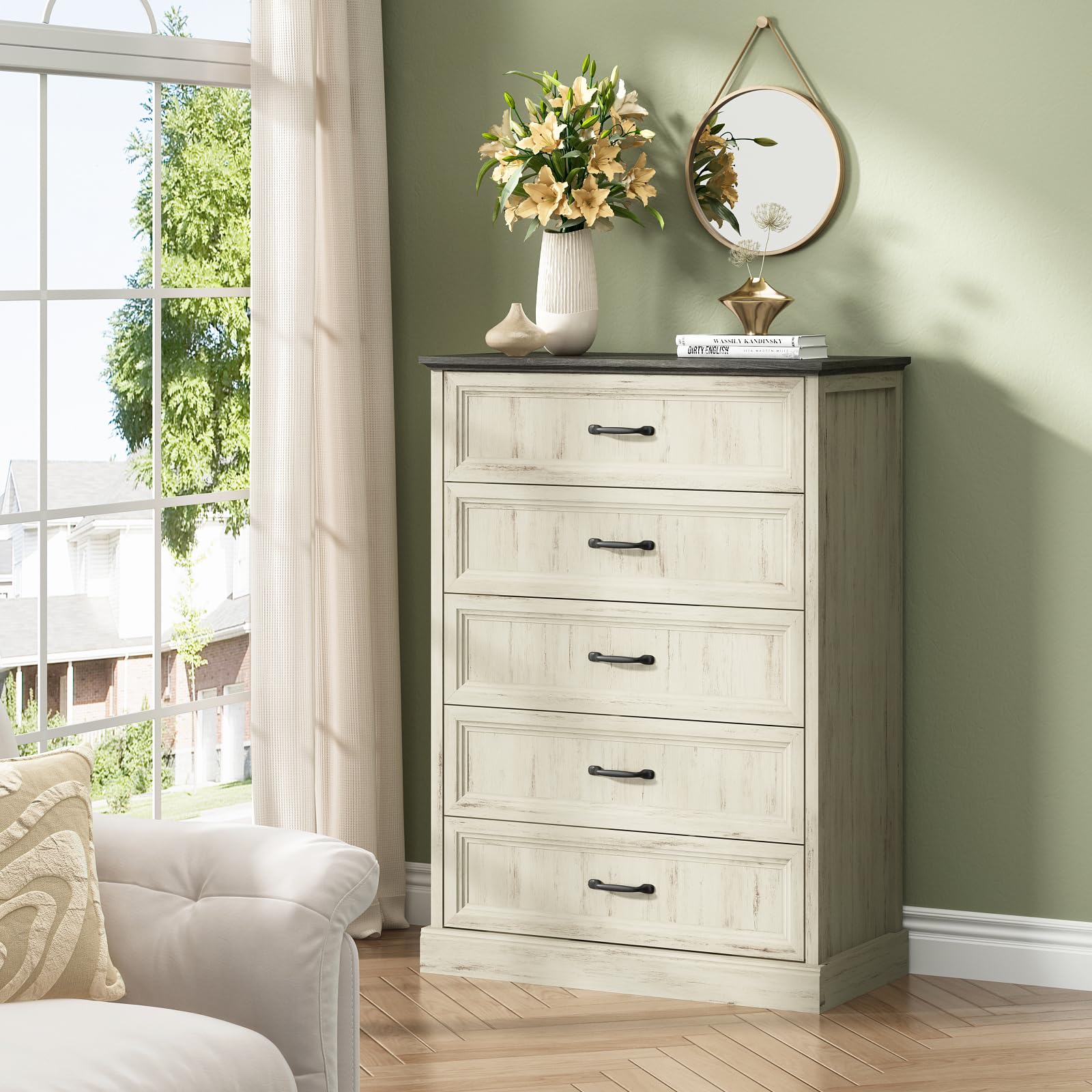 Farmhouse 5 Drawers Dresser for Bedroom, 44" Tall Brown dresser Wood Rustic Chest of Drawers with Wide Metal Handle,Natural Texture,Drawer Organizer for Bedroom,Living Room,Hallway and Entryway