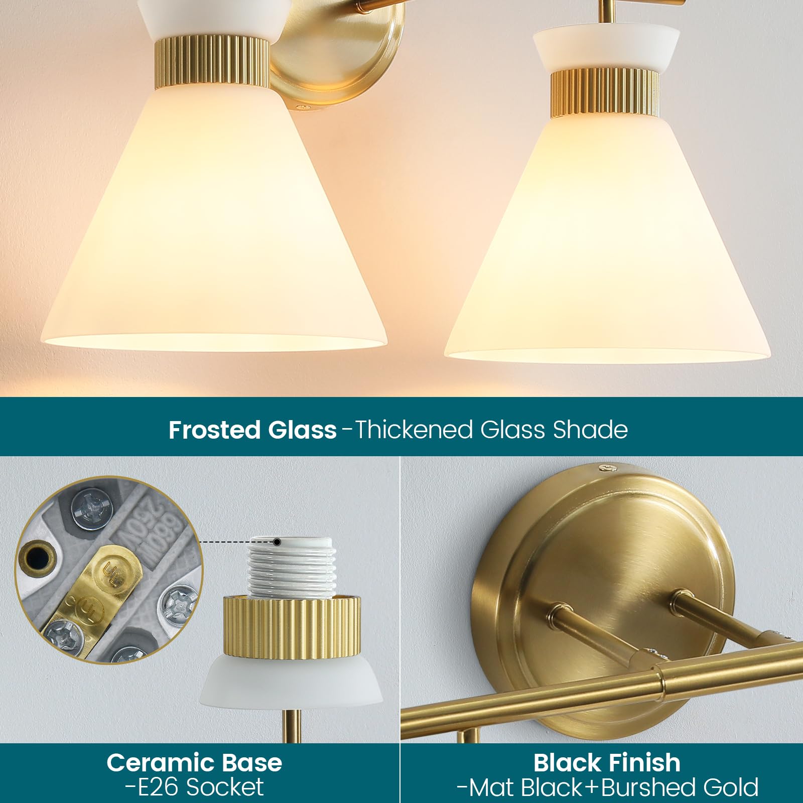 WOSHITU Gold Bathroom Light Fixtures: Modern Vanity Lighting Fixtures 2 Lights for Bathroom Mid Century Vanity Light Sconces Over Mirror with Frosted Milky Glass for Bath Bedroom Makeup