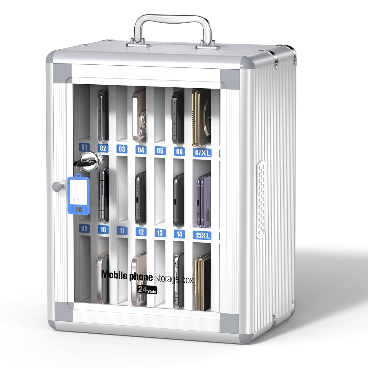 Glosen Cell Phone Locker 24 Slots, Portable Phone Storage Cabinet [Wall Mounted] [Silver 24 Slots-Universal Key ] Aluminum Alloy Cellphone Lock Box with Key & Handle for School Classroom Office Exam
