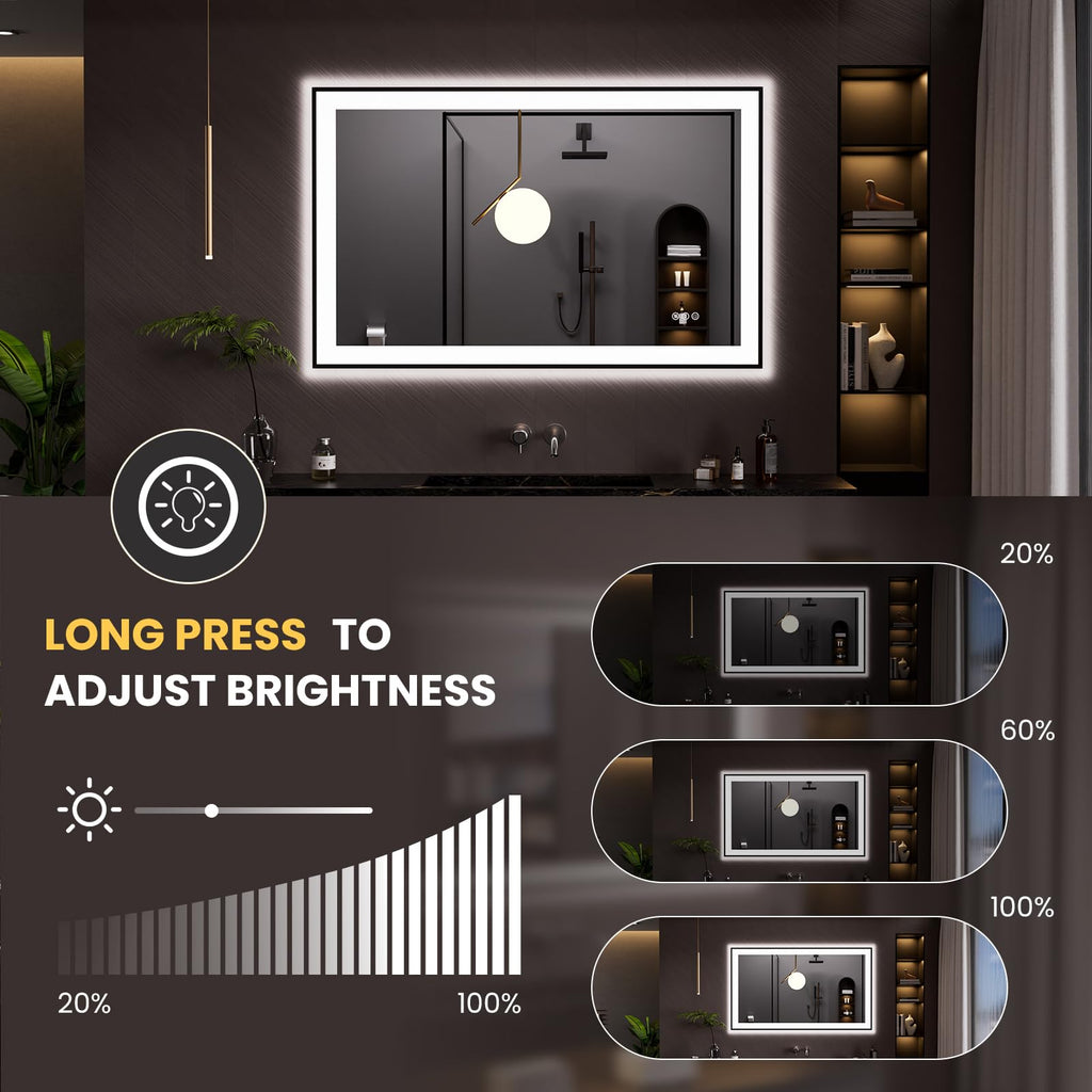 LOAAO 20"X28" LED Bathroom Mirror Black Framed | Anti-Fog, Dimmable, Memory Function, Tempered Glass, Lighted Vanity Mirror for Wall