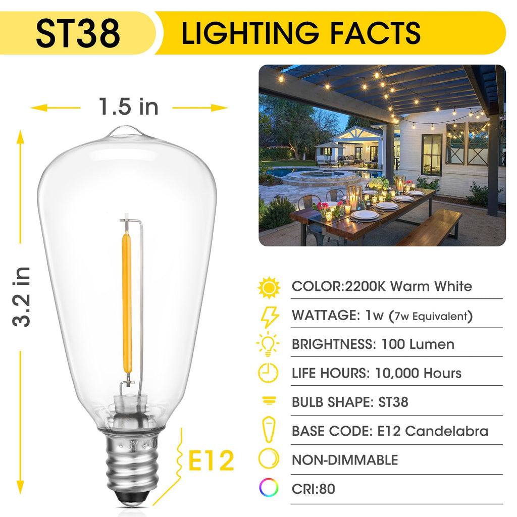 VISTERLITE E12/C7 Base LED Replacement Bulbs for ST38 Outdoor String Lights - Not Solar, Vinatge 1W LED Shatterproof Bulb, Warm White 2200K, 25 Pack