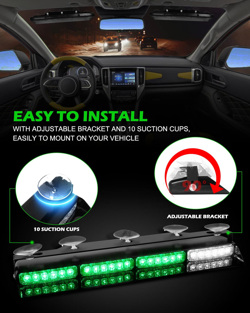 HLauto 604N Emergency Dash Strobe Lights: 2x16.8 inch Amber White Security Light w/Take Down, 48 LED Safety Flashing Warning Hazard Interior Windshield Light Bar for Truck Vehicle