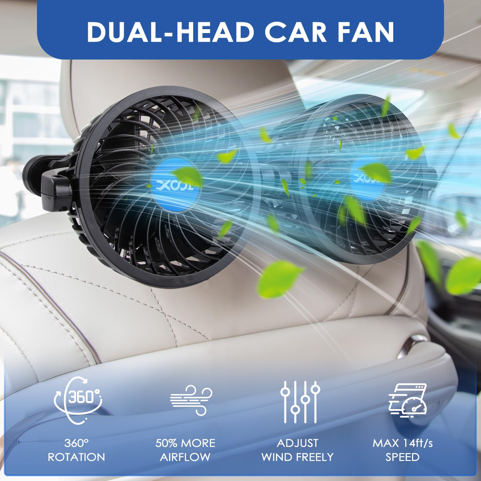 XOOL Clip Car Fan, 9 Inches 12V/24V Fan, 360° Rotatable Electric Cooling Clip on Fan with Stepless Speed Regulation for SUV, RV, Truck