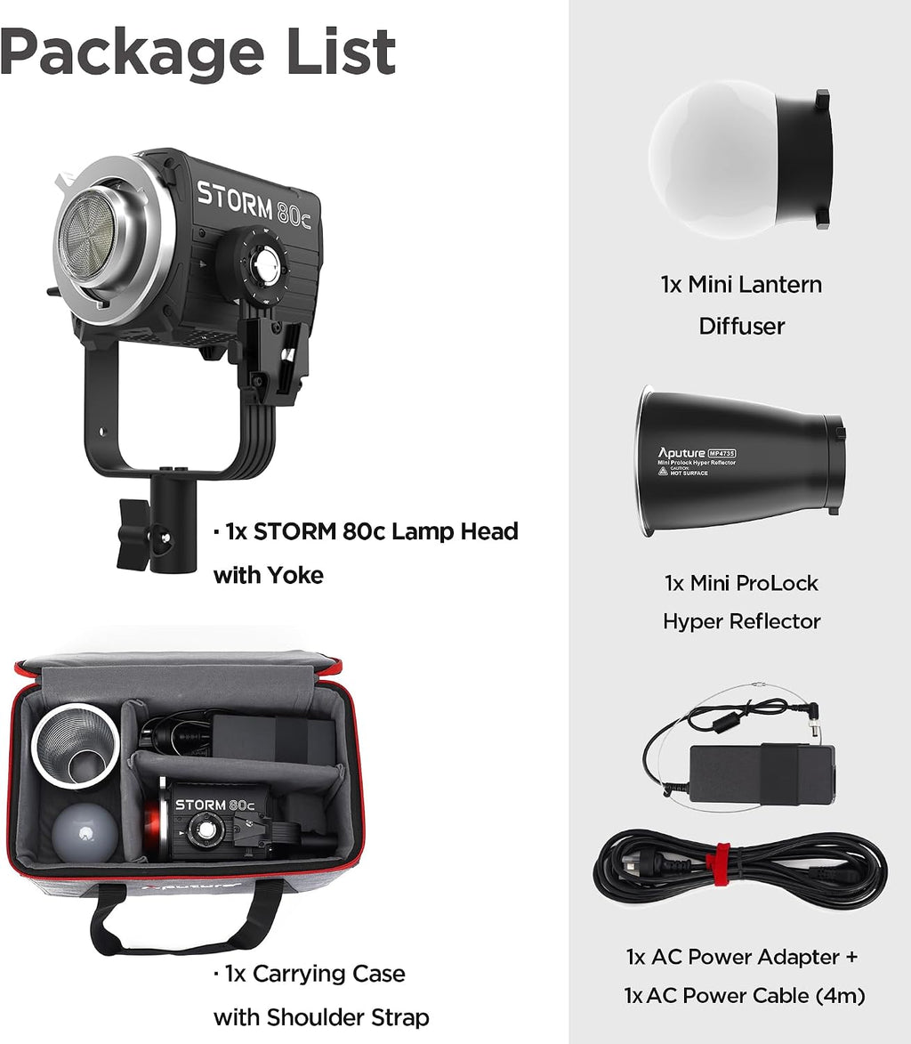 Aputure Storm 80c RGB LED Video Light, 80w Full-Color Point Source Fixture, 20,185Lux @1m, 1,800K-20,000K Advanced Diode Mixing, CRI≥97, IP65 Weatherproof, Sidus Link, DMX & LumenRadio Control