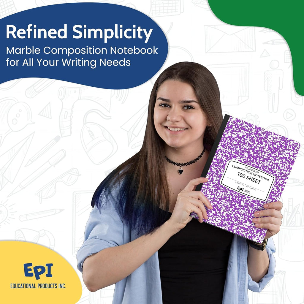 3 Pack - EPI Marble Hardcover Wide Ruled Composition Notebook | 200 Pages (100 Sheets), 9.75 x 7.5 in, Sturdy Sewn Binding | School, Office, Journaling, Notes