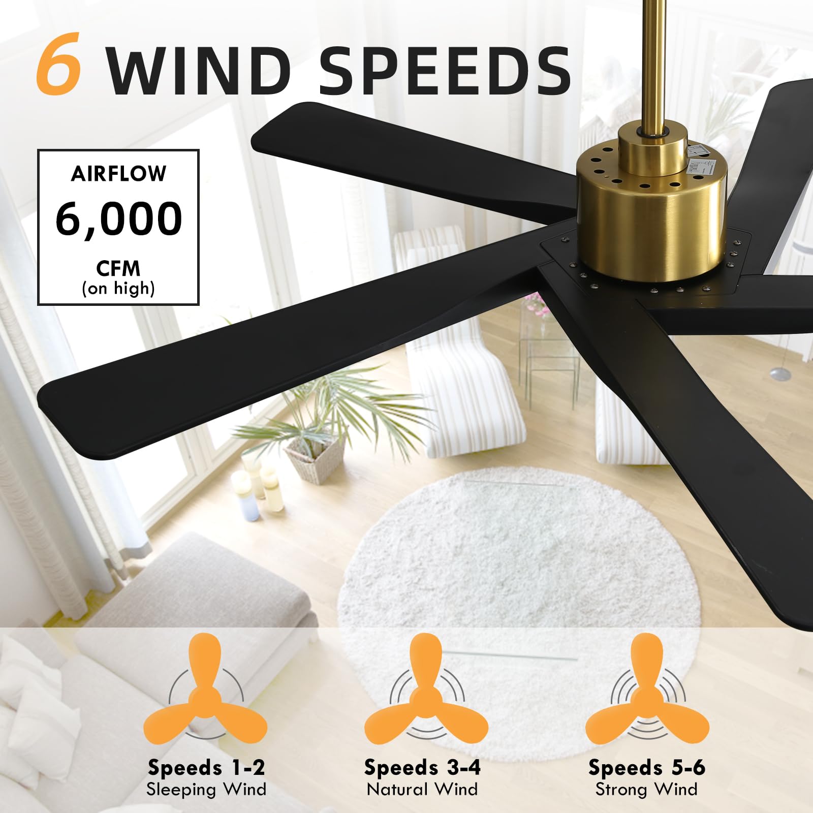 WINGBO 54" ABS DC Ceiling Fan No Light, 5 Blade Wood Grain ABS Ceiling Fan with Remote, 6-Speed Reversible DC Motor, Ceiling Fans without Light for Kitchen Bedroom Living Room, Antique Nickel and Grey