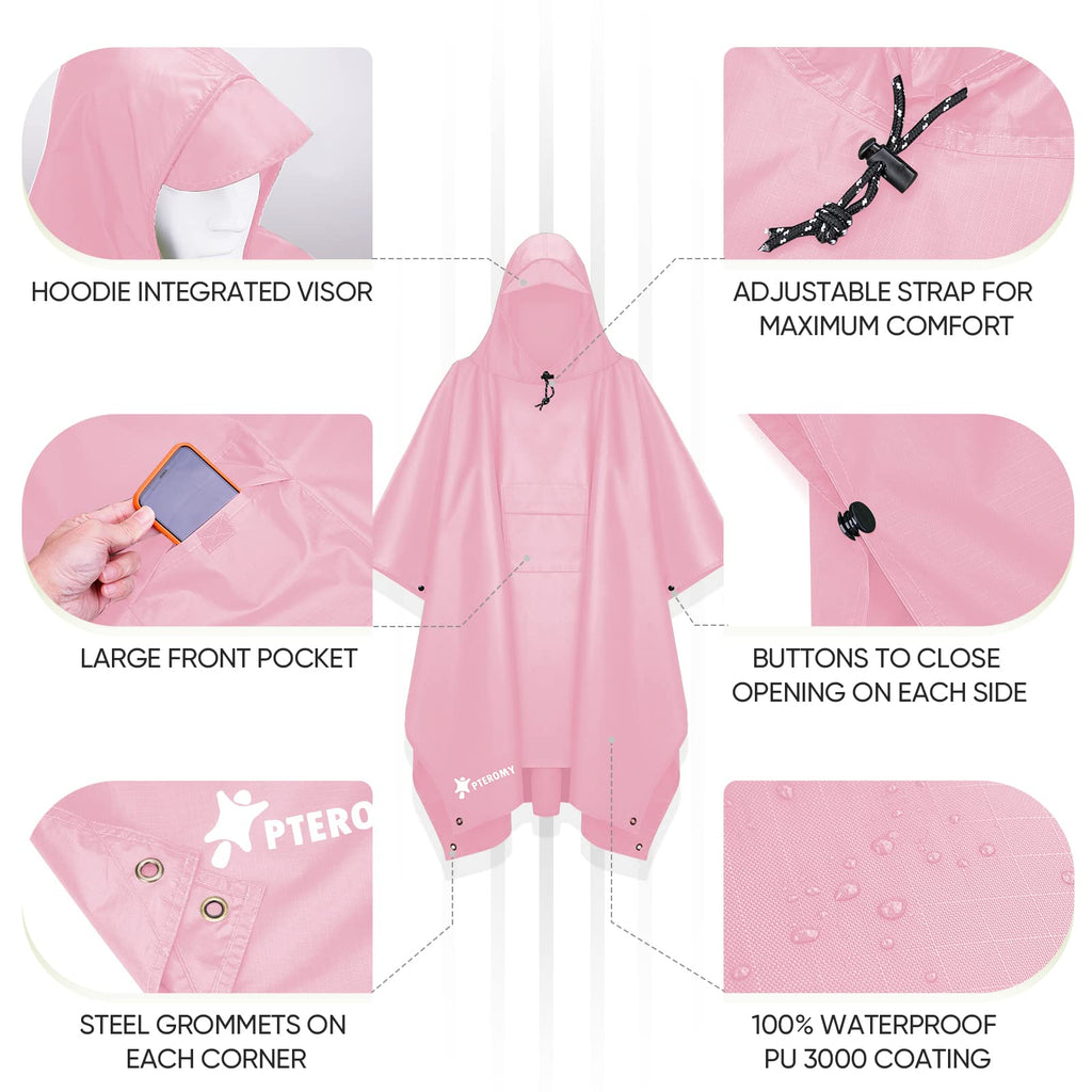 PTEROMY 3-in-1 Hooded Rain Poncho for Adult with Pocket, Waterproof Lightweight Unisex Raincoat for Hiking Camping Emergency