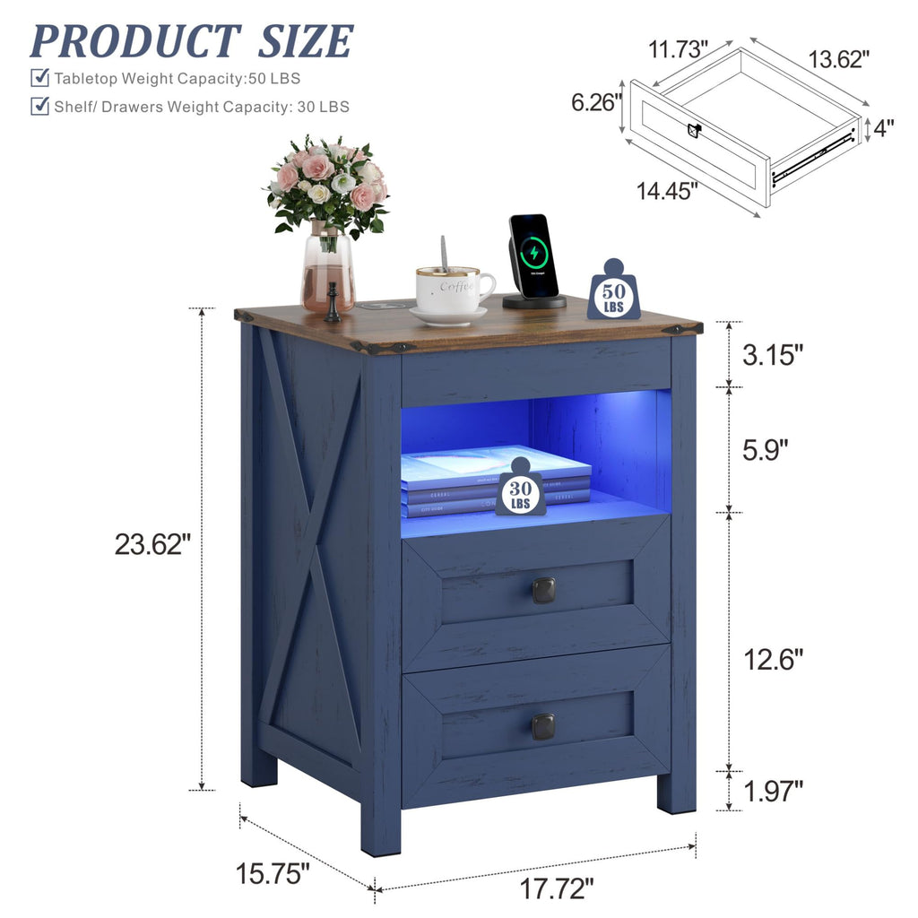 TAGELIER Farmhous Nightstand with Gun Drawer,Bedside Table with Charging Station, Gun Night Stand with LED Light & Human Sensor,Smart End Table for Bedroom, Black