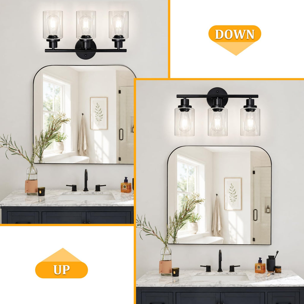 Unicozin 2 Pack Modern Bathroom Light Fixtures, 3 Light Vanity Lights, Black Wall Lamp with Clear Glass for Bathroom, Mirror, Living Room, Bedroom, Hallway, E26 Base