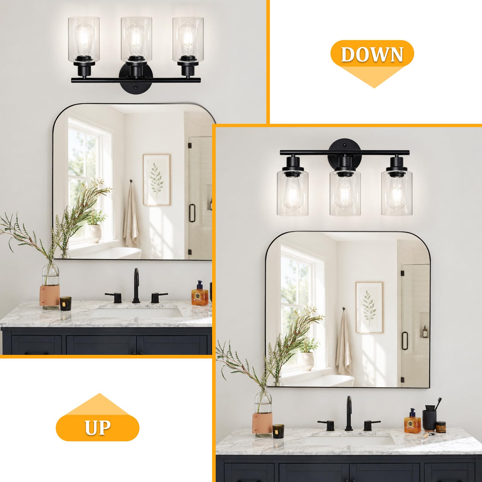 Unicozin 2 Pack Modern Bathroom Light Fixtures, 3 Light Vanity Lights, Black Wall Lamp with Clear Glass for Bathroom, Mirror, Living Room, Bedroom, Hallway, E26 Base
