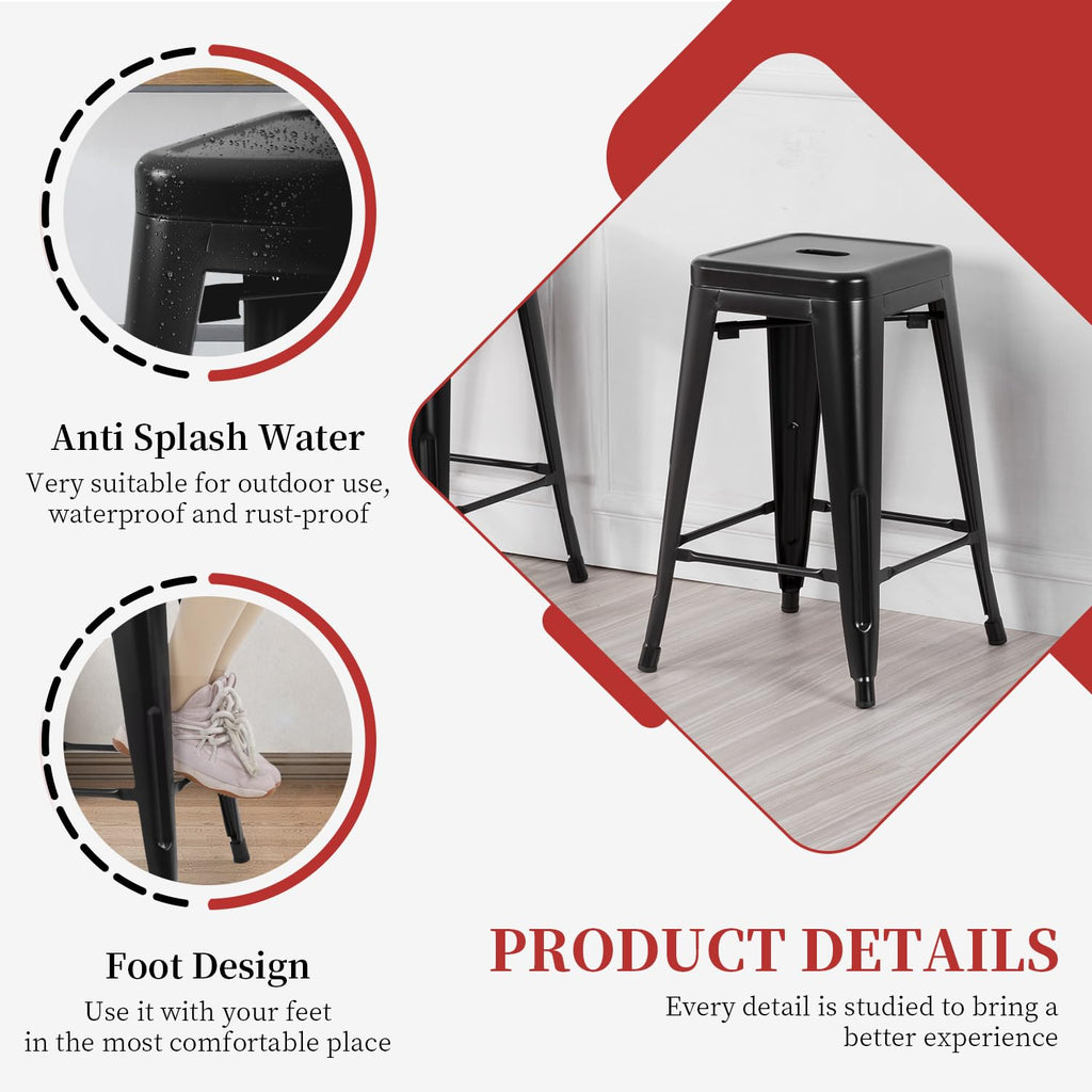 FDW Metal Bar Stools Set of 4 Counter Height Bar Stools 24 Inches Industrial Bar Chairs Patio Stool Stackable Backless Stool Indoor Outdoor Metal Kitchen Stools Bar Chairs (Black, 24")
