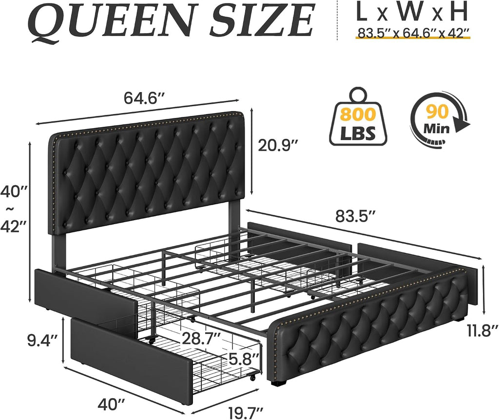 Lifezone Queen Bed Frame with Headboard Faux Leather Upholstered Metal Queen Bed Frame with 4 Storage Drawers, Adjustable Headboard/All-Metal Support/No Box Spring Needed/Easy Assembly, Black