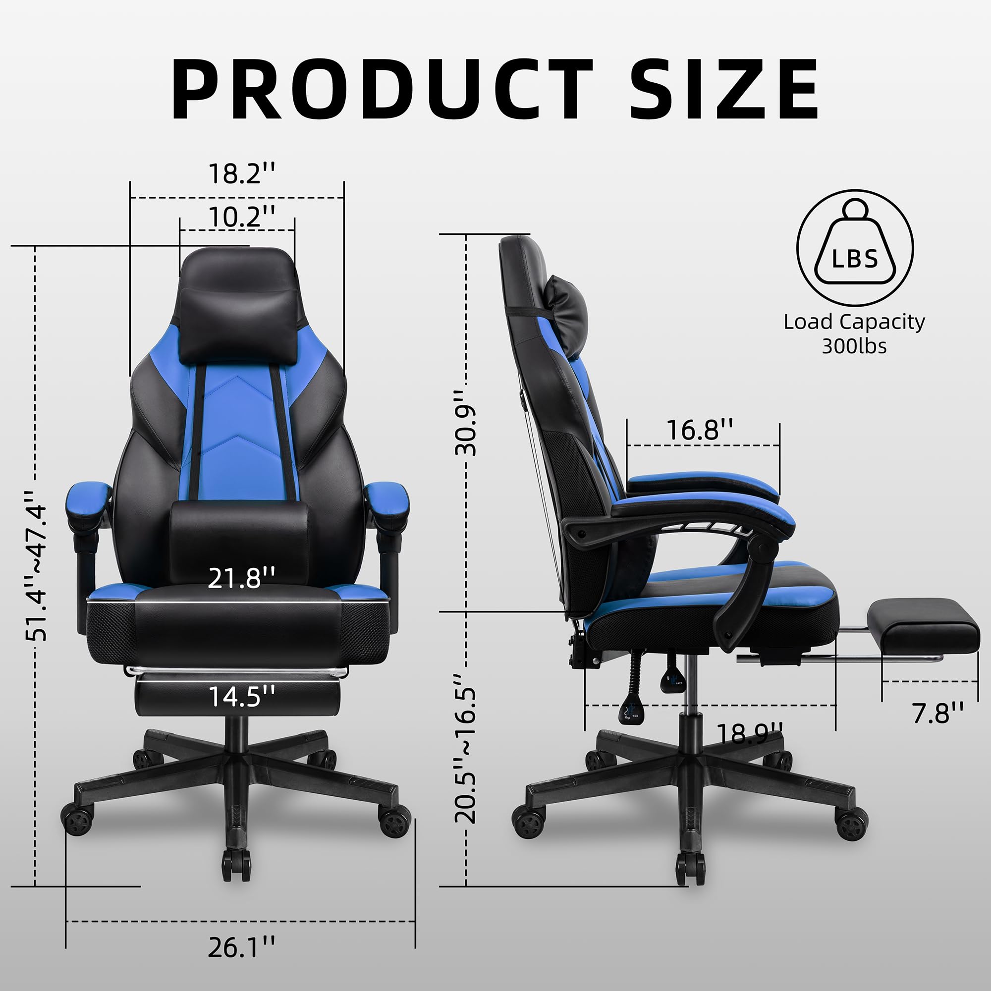Shintenchi Gaming Chair,Video Game Chair with footrest and Massage Lumbar Support,Height Adjustable Game Chair with 360°Swivel Seat Ergonomic Computer Chair with Headrest for Office or Gaming(Blue)