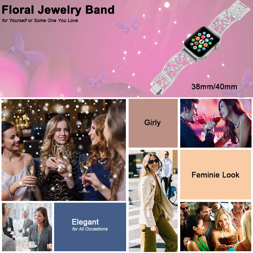 Floral Band Compatible with Apple Watch Jewelry Band 38mm 40mm 41mm 42mm iWatch Bands Series 11 10 9 8 7 6,Bling Crystal Bracelet Hollow Metal Strap,Fashion Women Wristband(38/40/41/42mm,Black)
