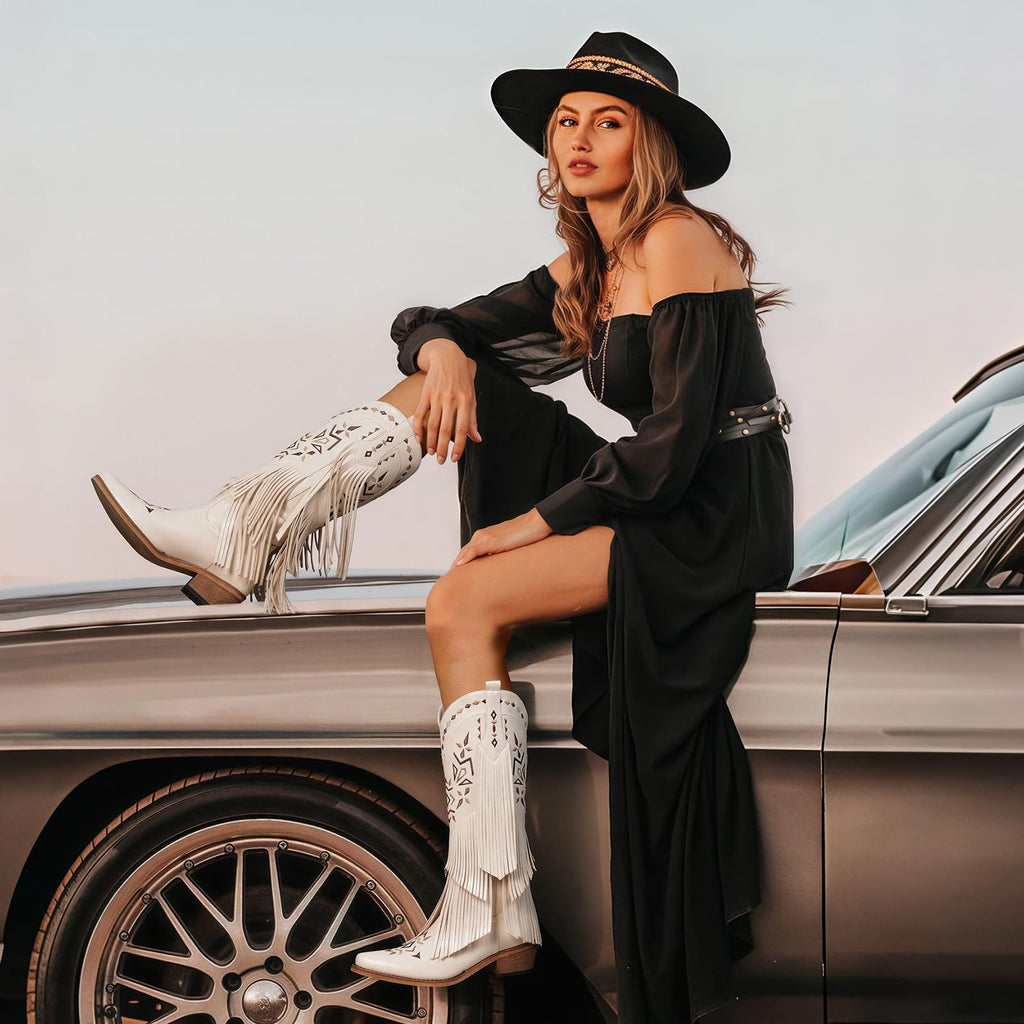 Cowboy Boots for Women - Fringe Knee High Cowgirl Boots with Classic Embroidery, Pointed Toe Pull on Retro Design, Perfect for Western Parties, Weddings and Events