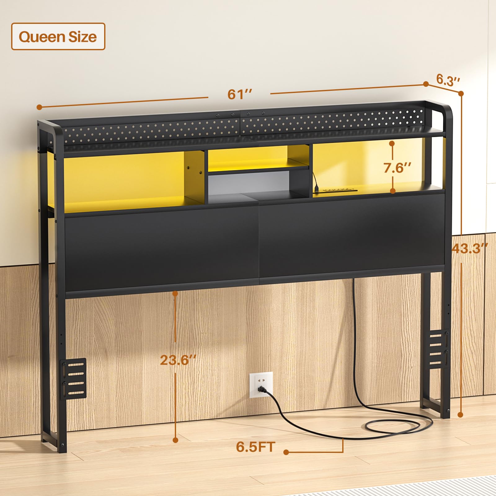 Unikito Headboard for Queen Size Bed with Storage Shelf, Head Board with 3 Outlets and 2 USB Ports, Headboards with RGB LED Light, Height Adjustable, Sturdy and Stable, Easy Assembly, Black