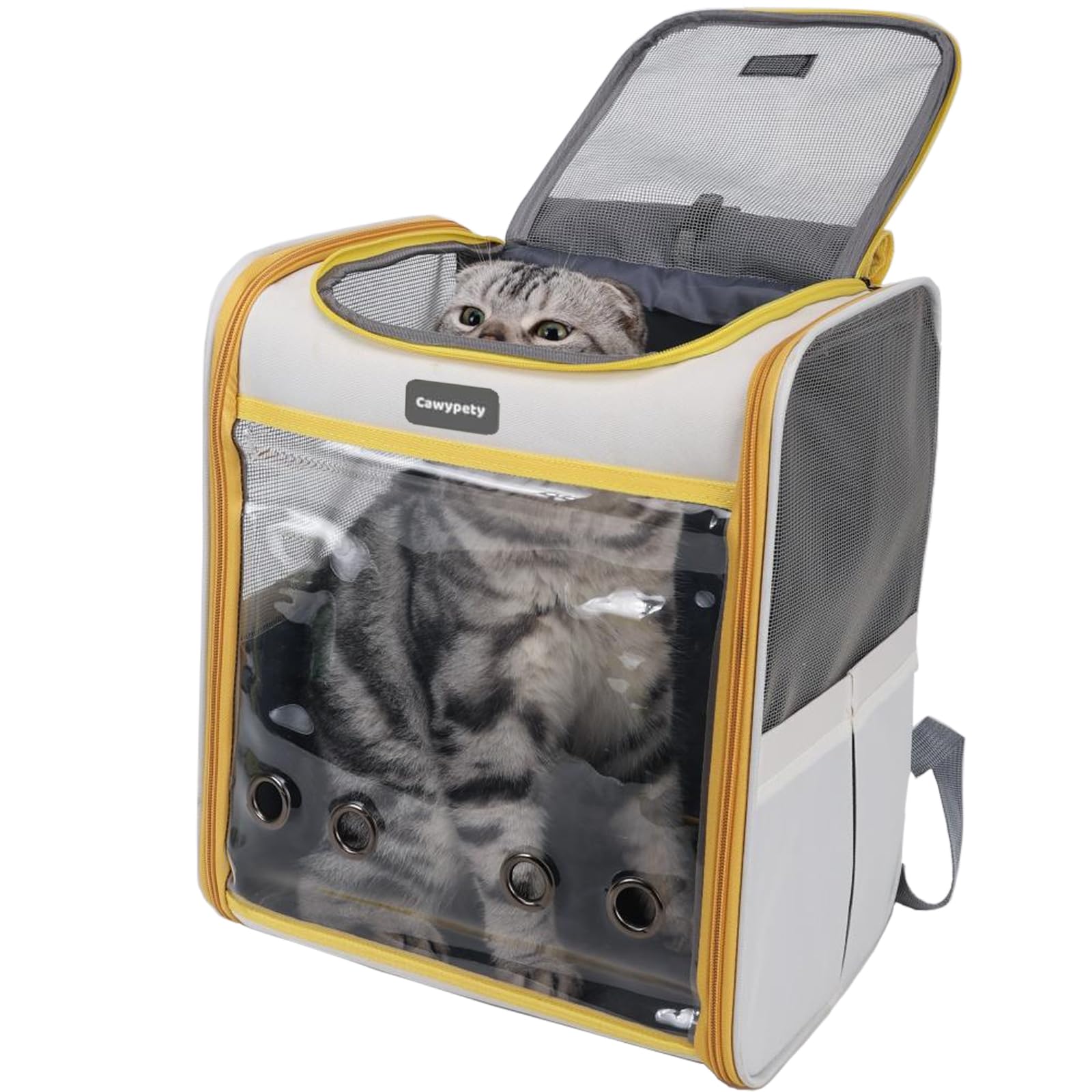 Cawypety Cat Backpack Carrier, Breathable Cat Carrier Large Space Bubble Pet Backpack for Kitty Small Dog up to 12lbs, Transparent & Foldable Pet Carrier for Travel Hiking (Black